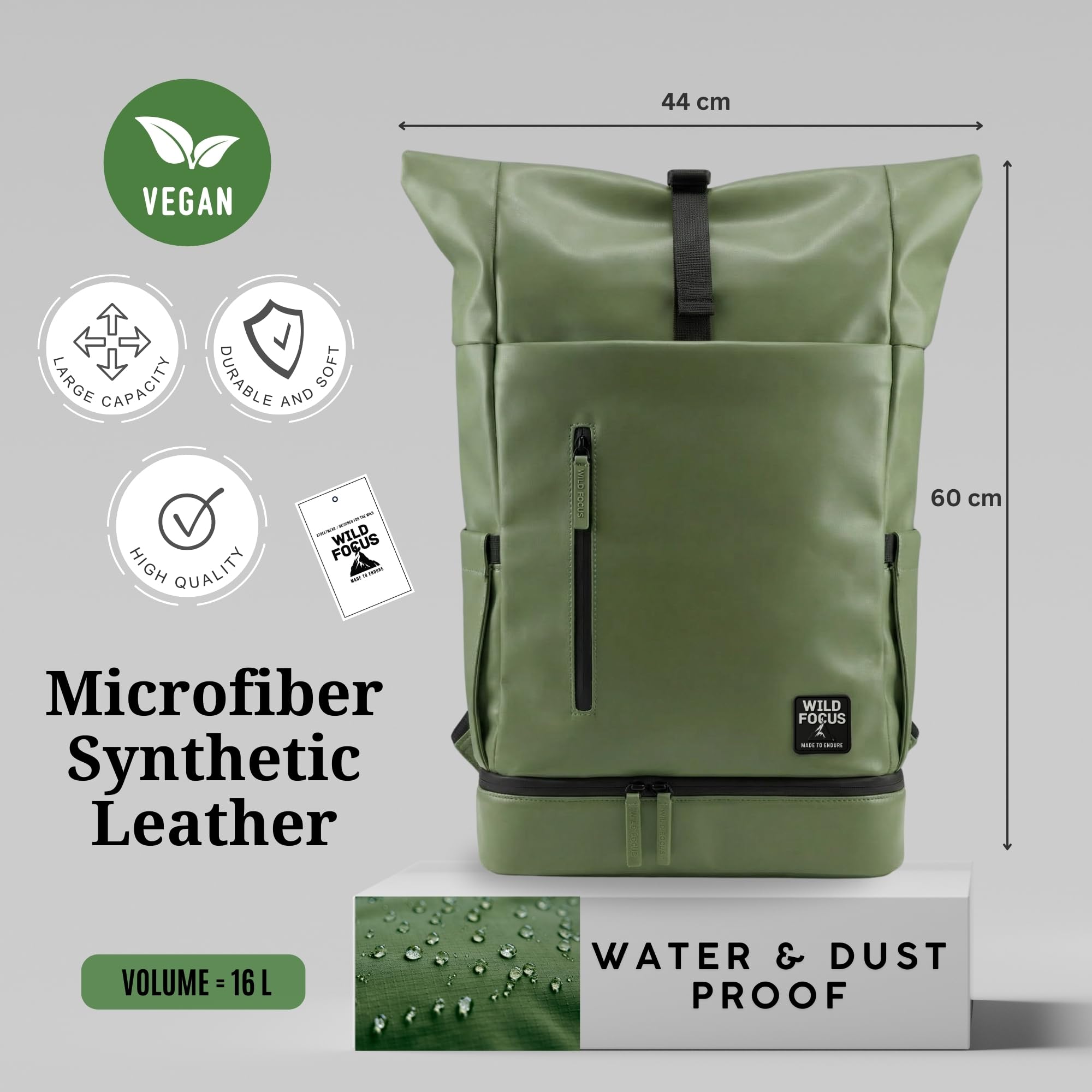 WildFocus Bagpack | Rucksack Damen & Herren | Rolltop Rucksack mit 16" Laptopfach | Backpack ideal für Reisen, City, Uni, Arbeit | wasserabweisend | Vegan Leather (Berlin)