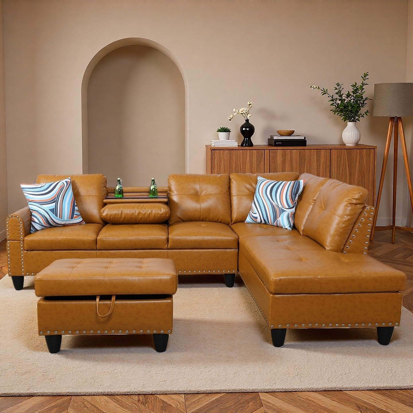 97.5" L Shaped Couch Set, Modular Sectional Couches for Living Room with Storage Ottoman, 4 Seat Home Sofa Living Room Furniture Sets with Chaise for Apartment (Leather, Ginger Yellow)