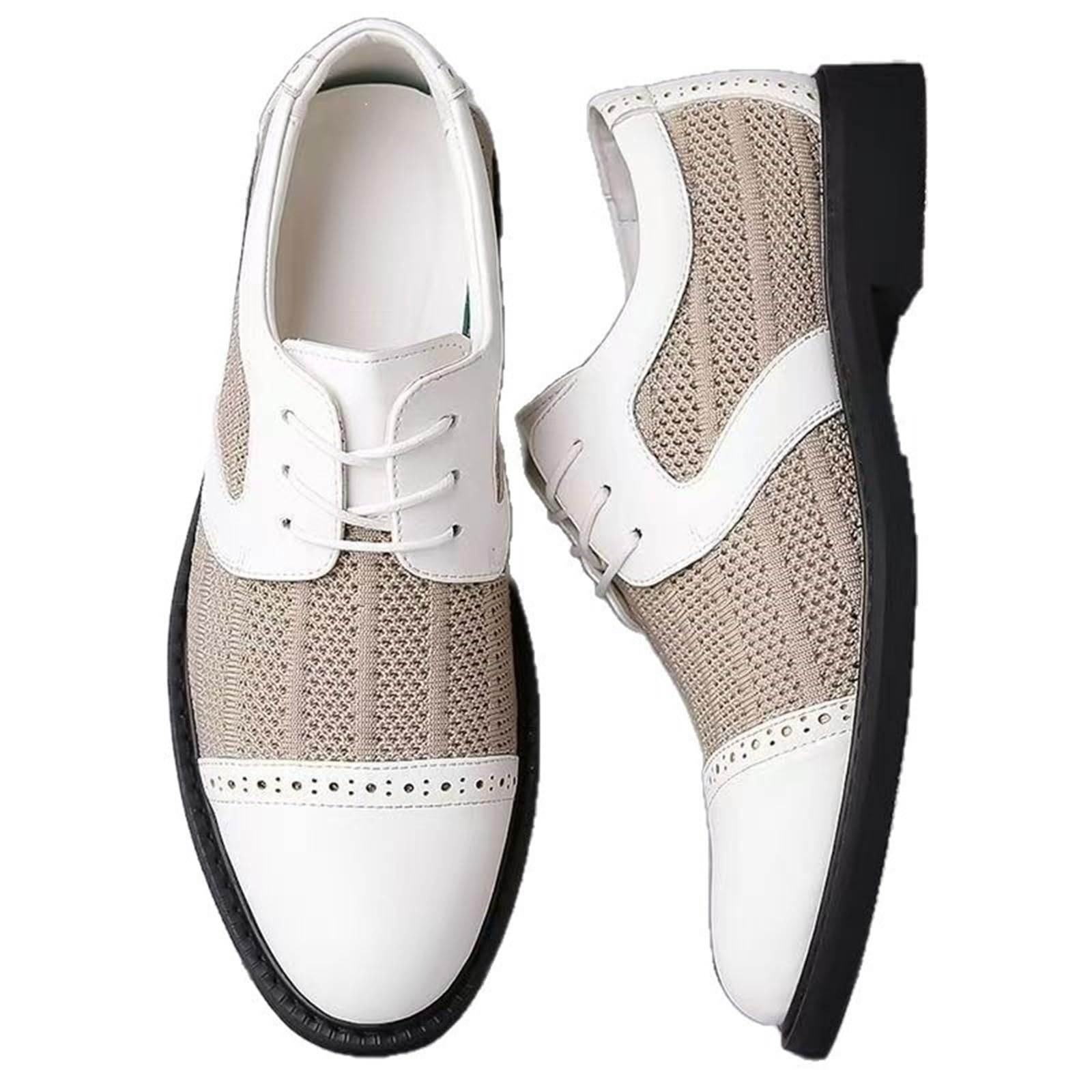 Zapatos de vestir hombre calados transpirables, Oxford casuales de malla y cuero con cordones, suela blanda antideslizante resistente al desgaste Negro Beige