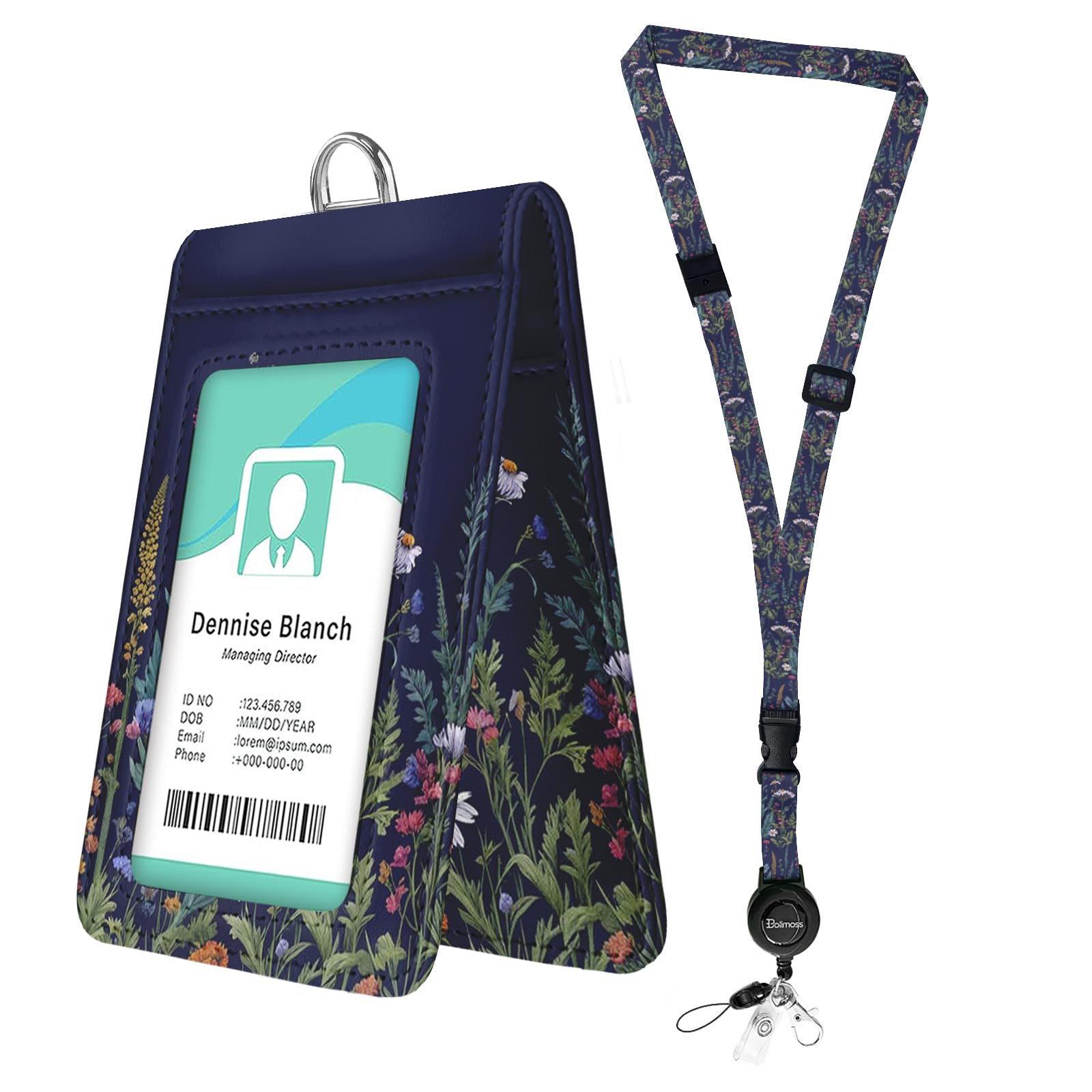 bolimoss Wildflowers Badge Holder with Double-Sided Windows, Multiple Leather ID Name Badge Card Holder with Adjustable Retractable Lanyards, Breakaway Neck Lanyards for Work School ID, Access Card — image 1