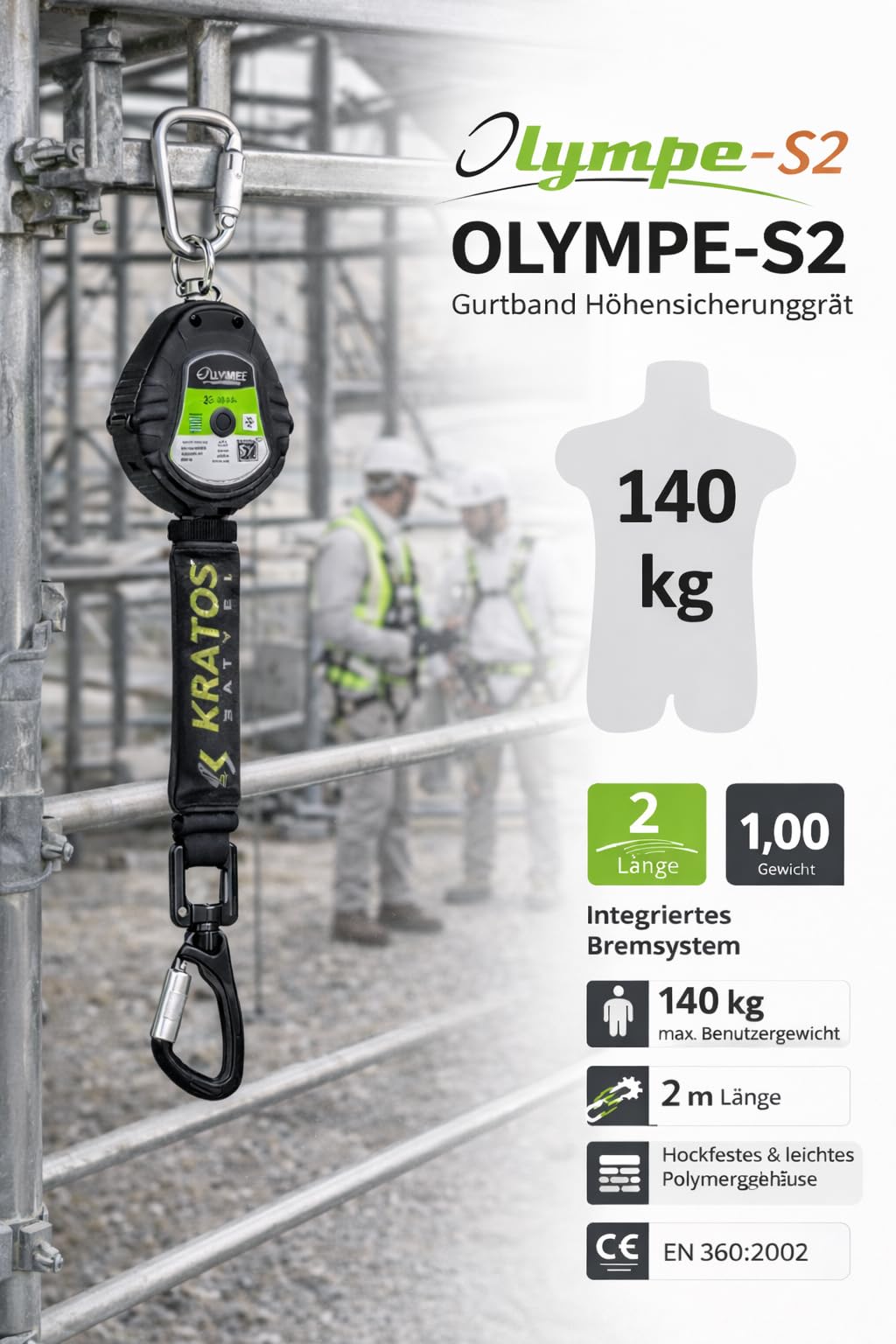 KRATOS OLYMPE-S2 Höhensicherungsgerät 2 m – Gurtband-Absturzsicherung nach EN 360, für horizontale & vertikale Anwendung, Sturzfaktor 2, bis 140 kg