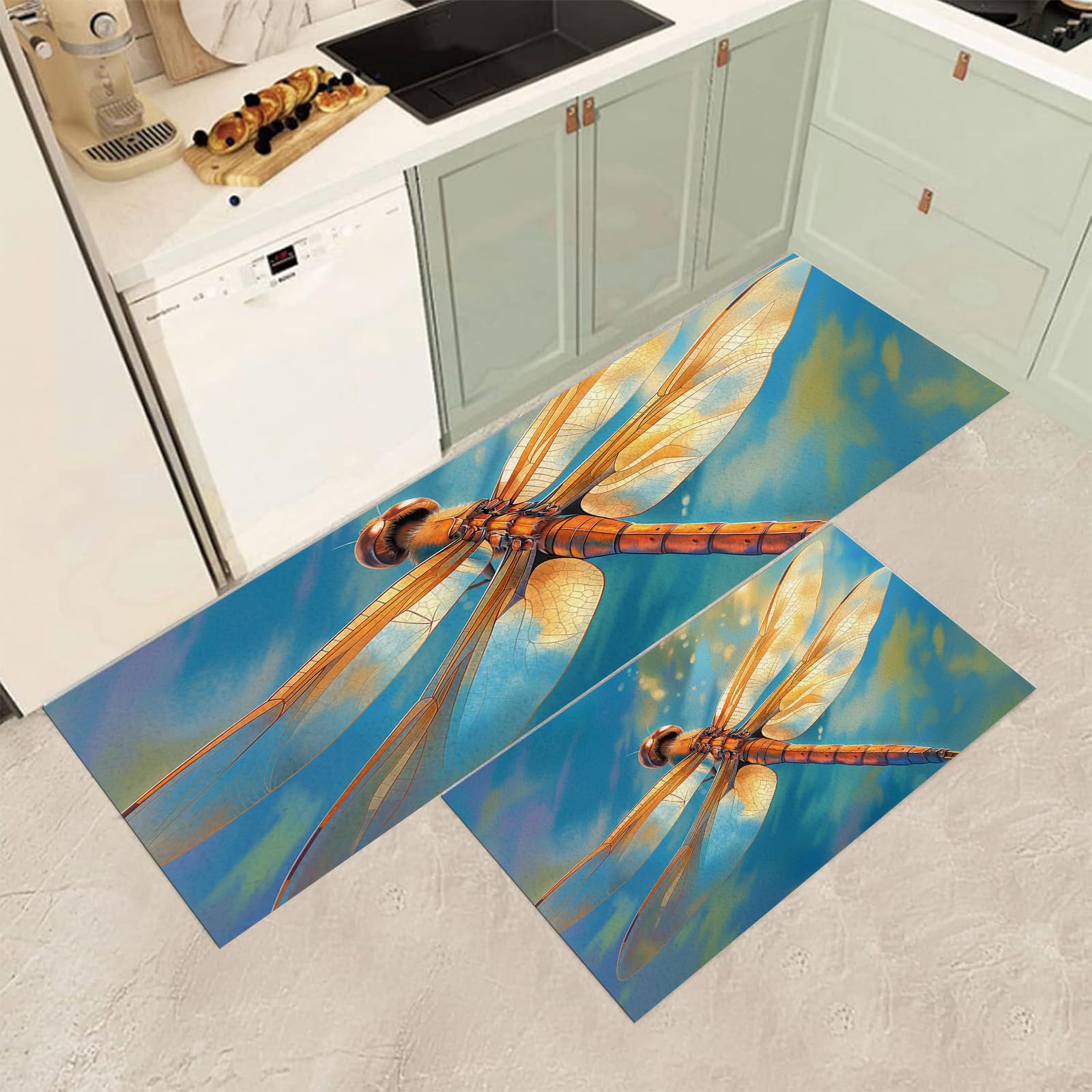 Tapis de cuisine libellule élégante design aquarelle chic