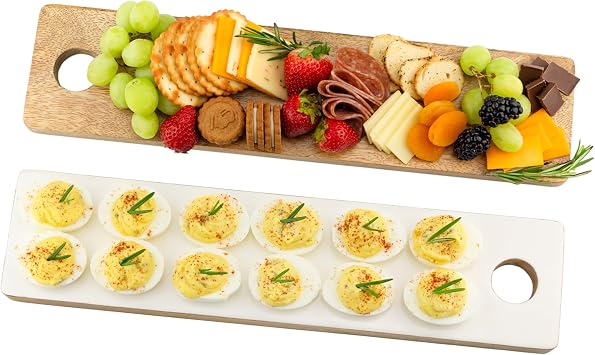 AuldHome Design Reversible Deviled Egg Charcuterie Board, Farmhouse Enamelware Wood Appetizer Serving Tray and Sushi Board