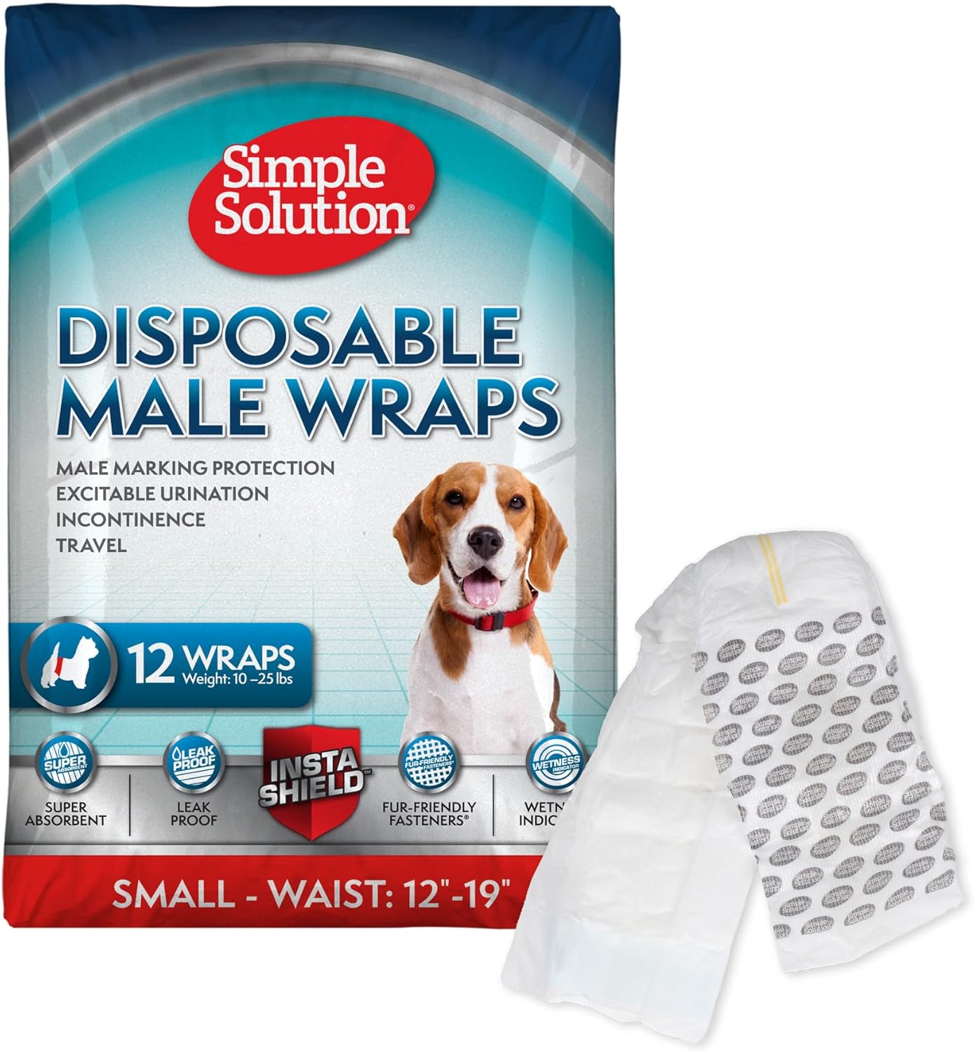 Simple Solution Disposable Male Dog Wraps - Leak-Proof Absorbent Belly Bands for Small Dogs 12-19" Waist, 12 Count