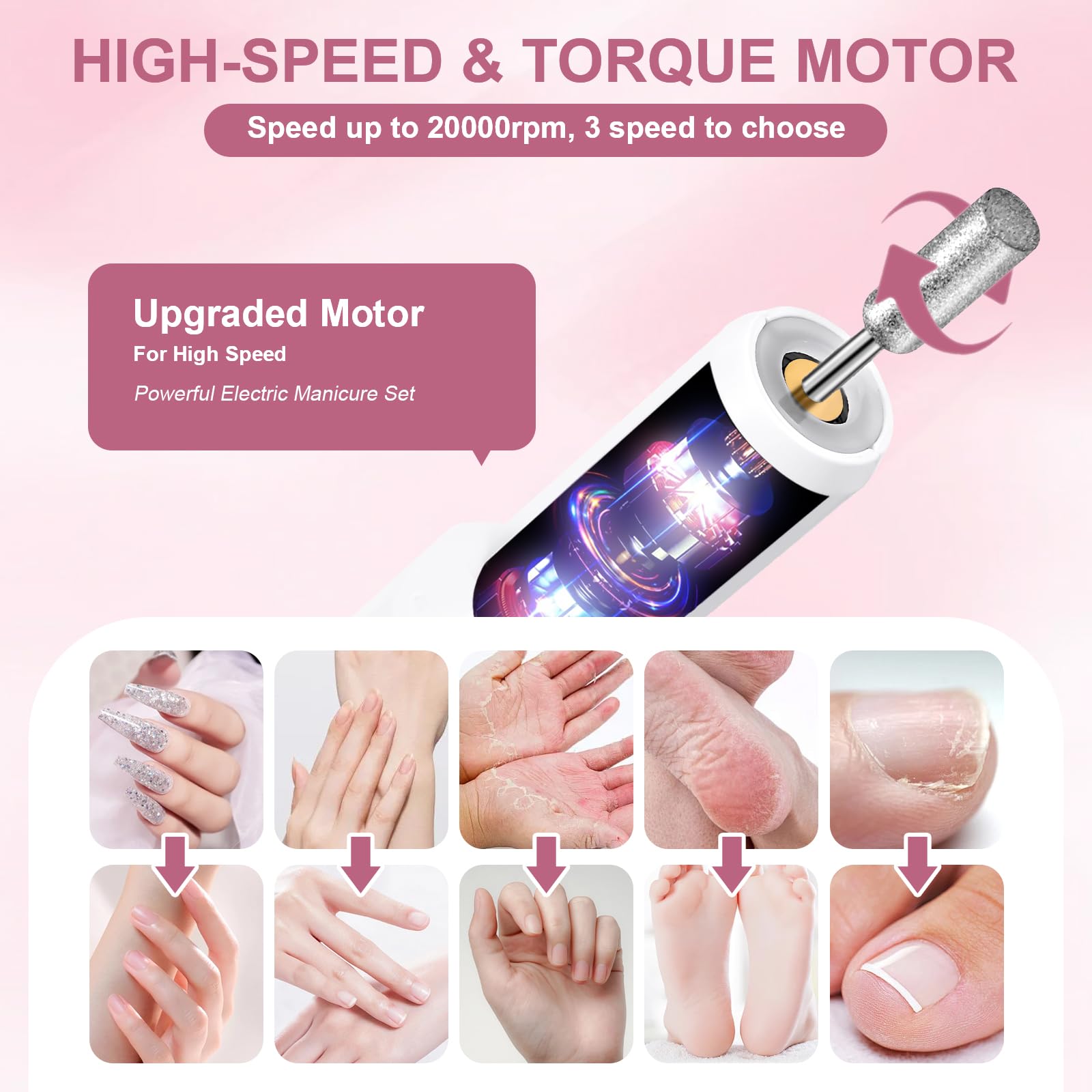 Taladro de uñas inalámbrico, taladro eléctrico de uñas con luz LED de 360° y pantalla LCD, lima de uñas eléctrica de bajo ruido, herramientas de pedicura para pies, cuidado de manos y pies, taladros