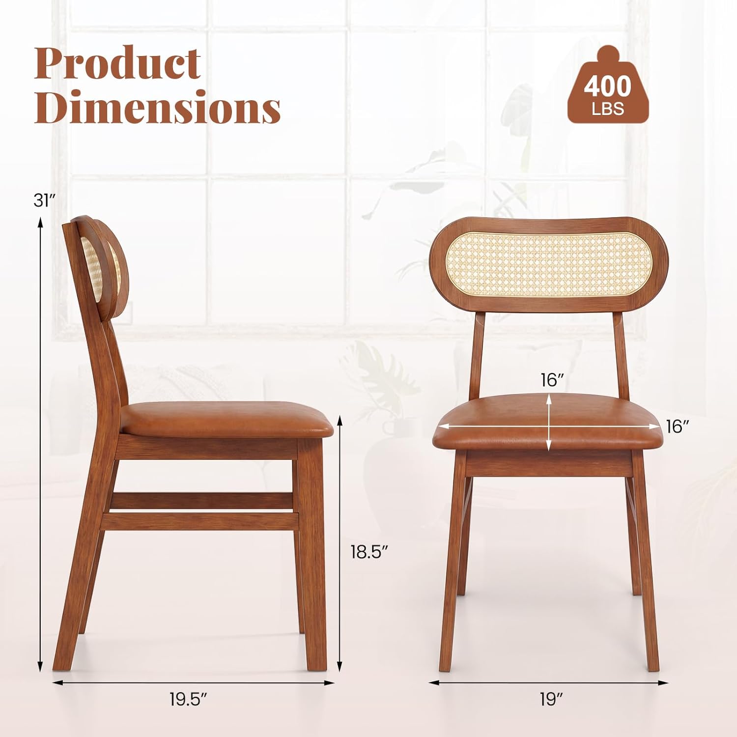 GOFLAME Wooden Dining Chairs Set of 4, Mid-Century Modern Kitchen Chairs with Upholstered Seat & Rattan Backrest, Faux Leather Cover, Armless Side Chairs for Kitchen, Dining Room, Restaurant, Espresso