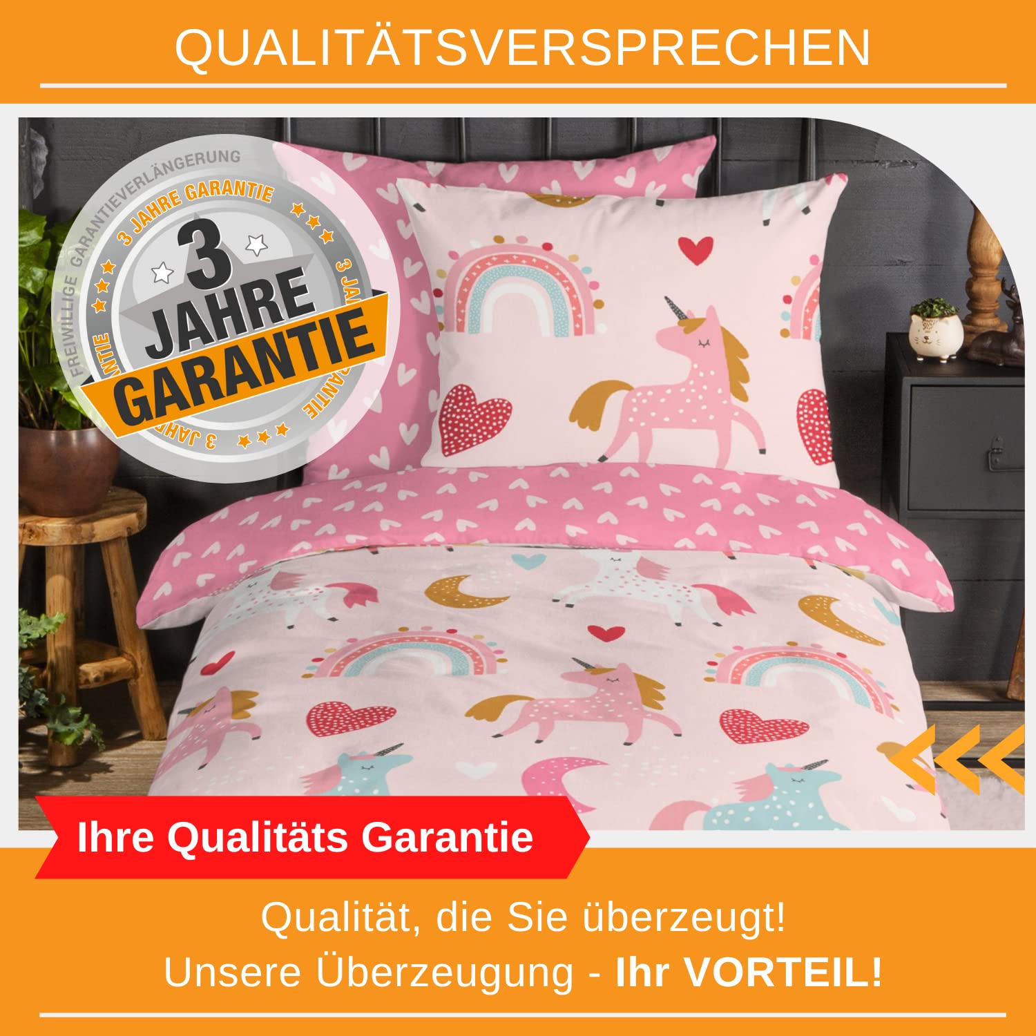 Aminata kids Biber Bettwäsche 135x200 Kinder Einhorn-Motiv Mädchen 100% Baumwolle, Reißverschluss, Kinder-Wende-Bettwäsche-Set Unicorn, warm & kuschelig, rosa pink