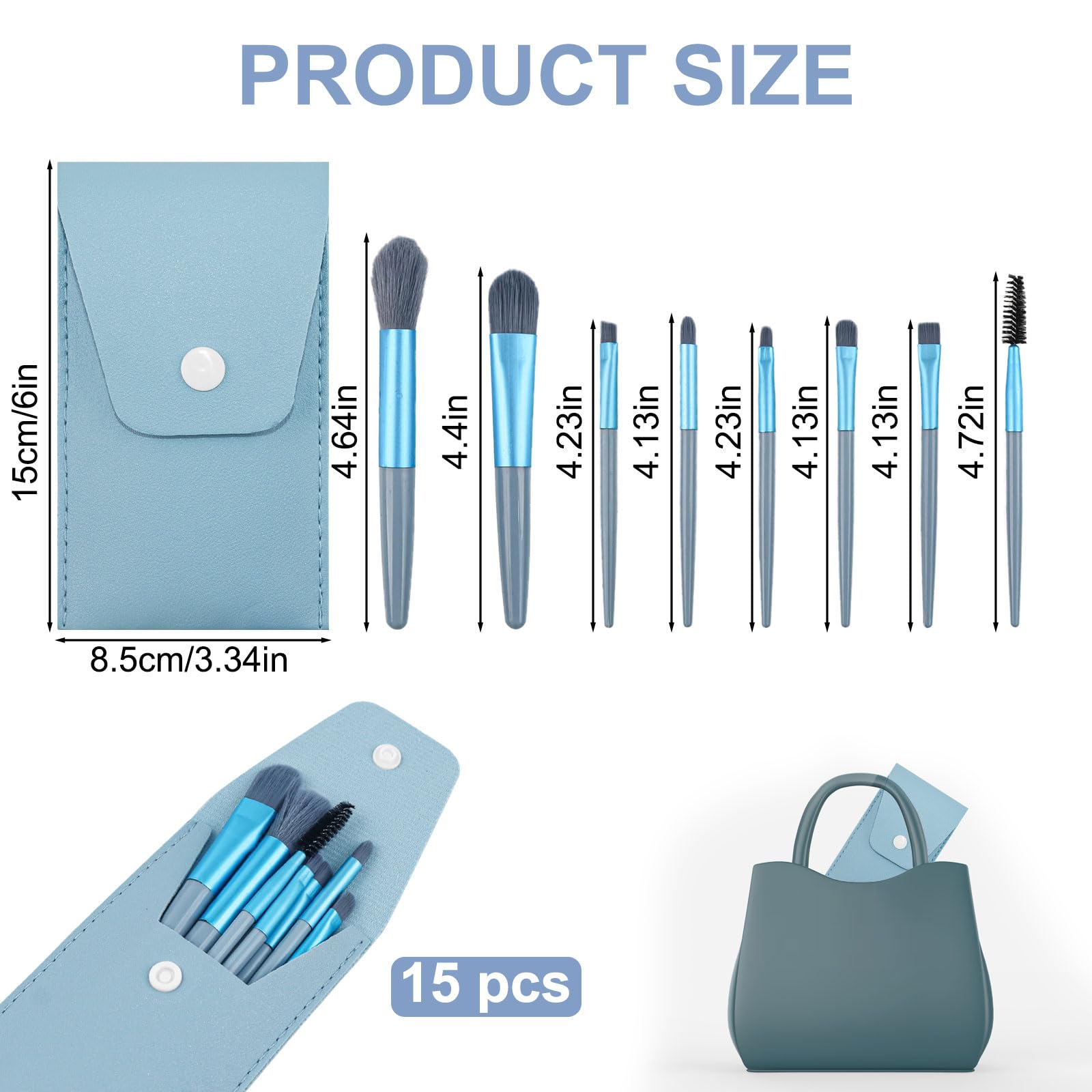 Set di 15 pennelli da trucco formato da viaggio, mini pennelli da trucco per il viso, per bomboniere, matrimoni, addio al nubilato, regalo per damigelle d'onore, addio al nubilato (azzurro)