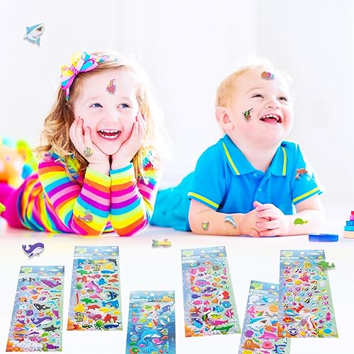 Miniatura 6 de Calcomanías 3D de animales del océano hinchados para niños pequeños, 6 paquetes de calcomanías de peces de espuma con criaturas marinas surtidas,