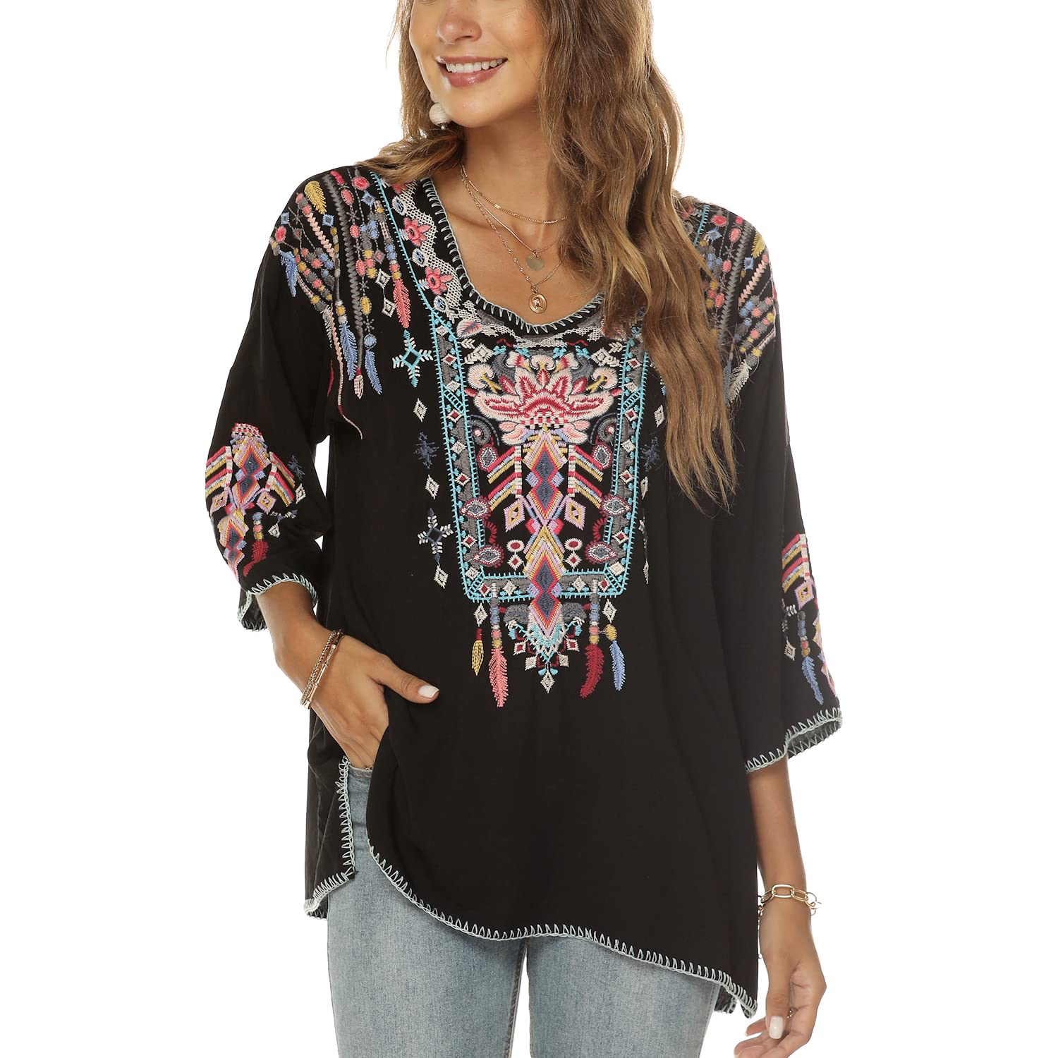Boho Stickerei Bluse Hippie Kleidung Damen 70er 80er Jahre Bekleidung Bohemian Folklore Besticktes Tunika 3/4Ärmel elegant Oberteile