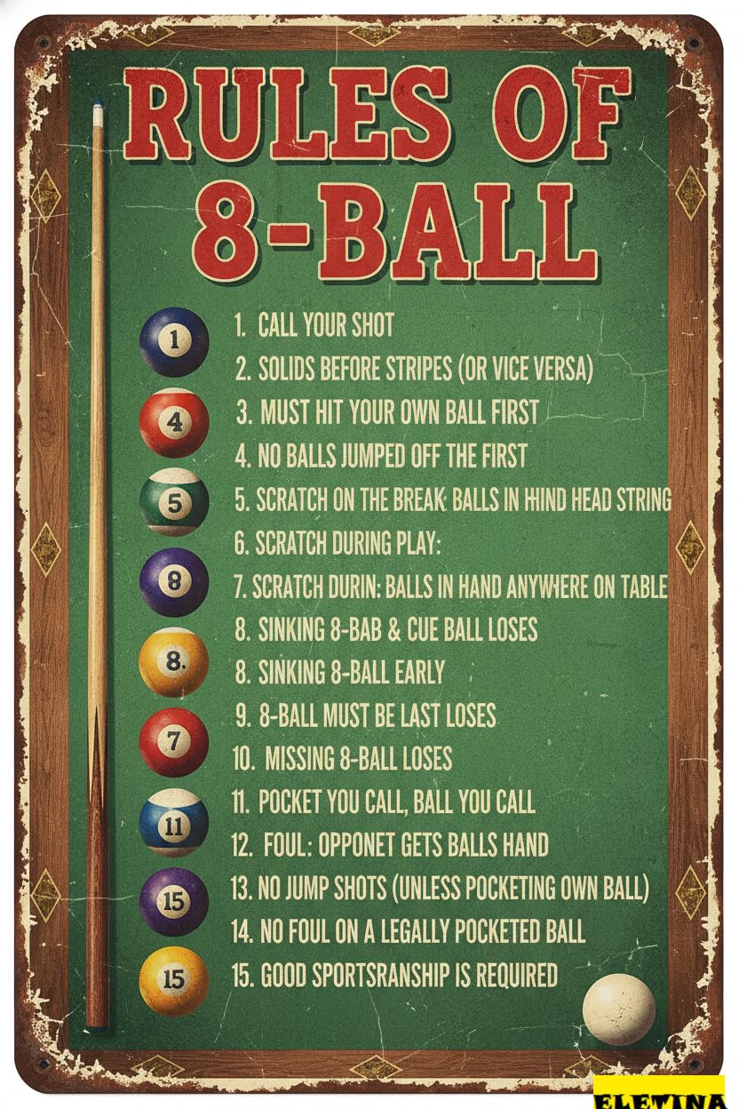 Vintage Metal Tin Sign for Pool Table Room Decor 8 Ball Rules Retro Pool Table Poster Nostalgic Wall Art Bar Pub Shop Living Room Bathroom 8x12Inch Private Property Decorative