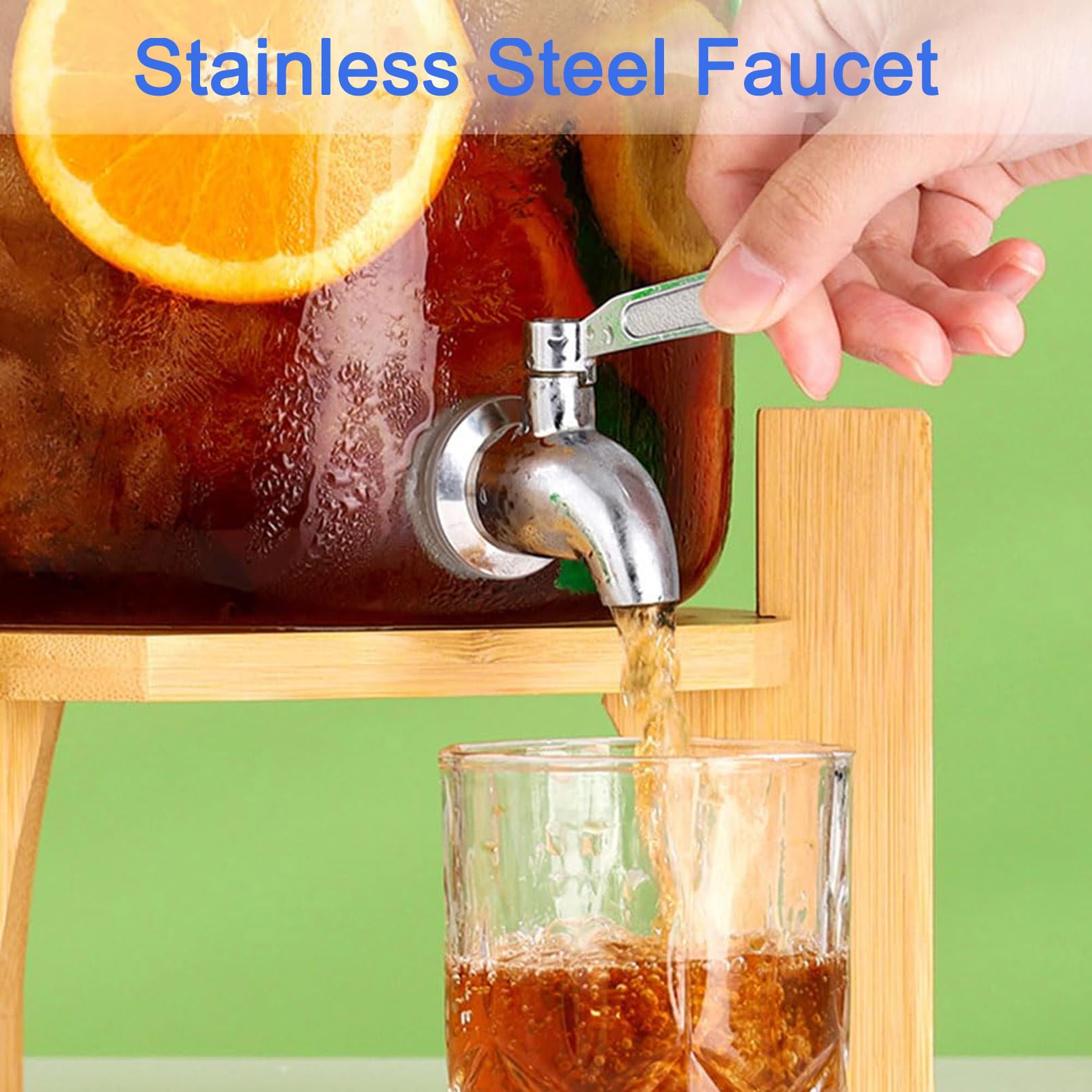 Getränkespender aus Glas, 5 l, 10 l, mit Holzständer, Getränkefass aus Glas, Wasserhahn aus Edelstahl, auslaufsicher, Getränkespender aus Glas, Weinfass aus Glas, Wasserbehälter für den Kühlschrank