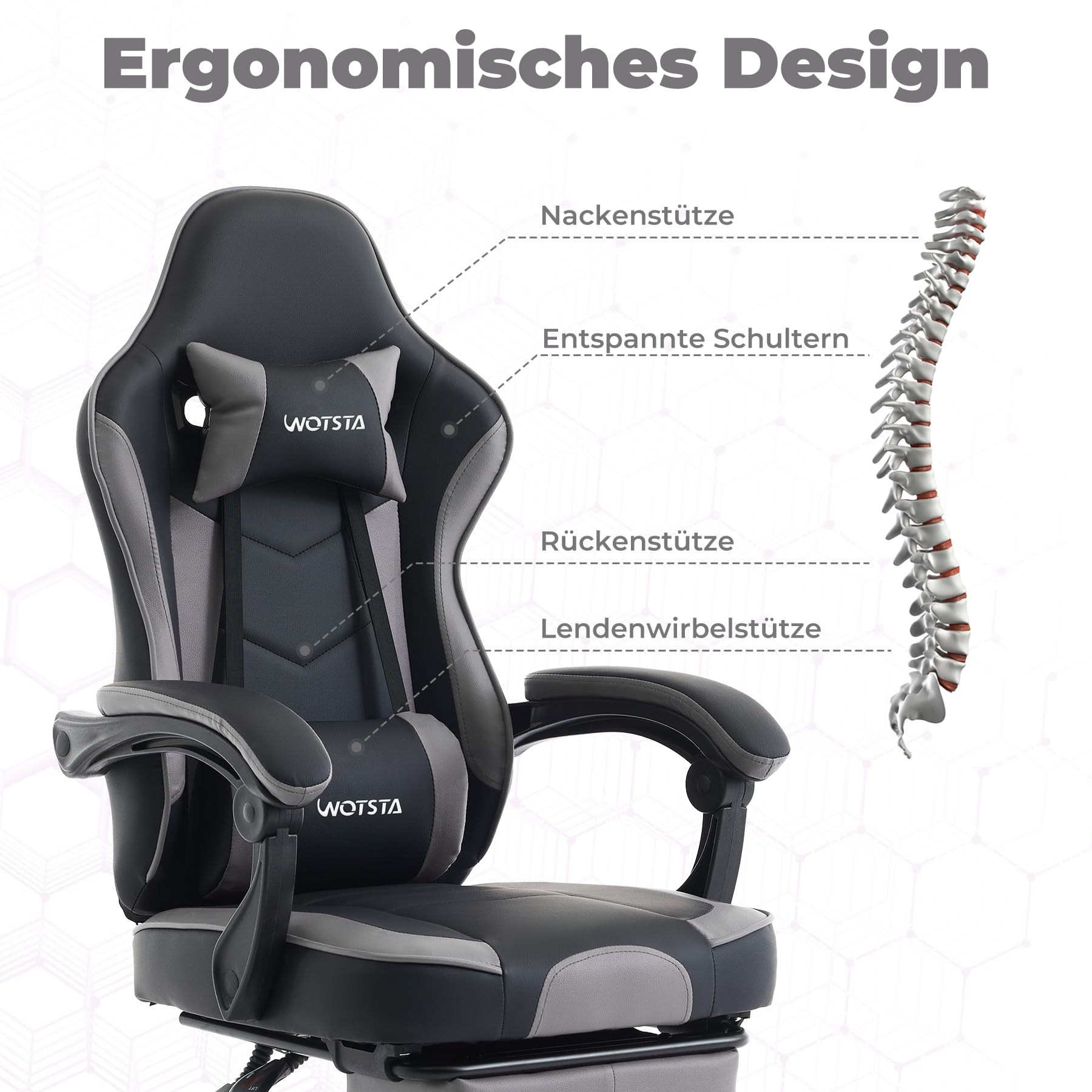 Gaming Chair Computerstuhl Ergonomischer Gaming Stuhl mit Fußstütze Bürostuhl Ergonomischer Computerstuhl mit Lendenwirbelstütze Dunkelgrau