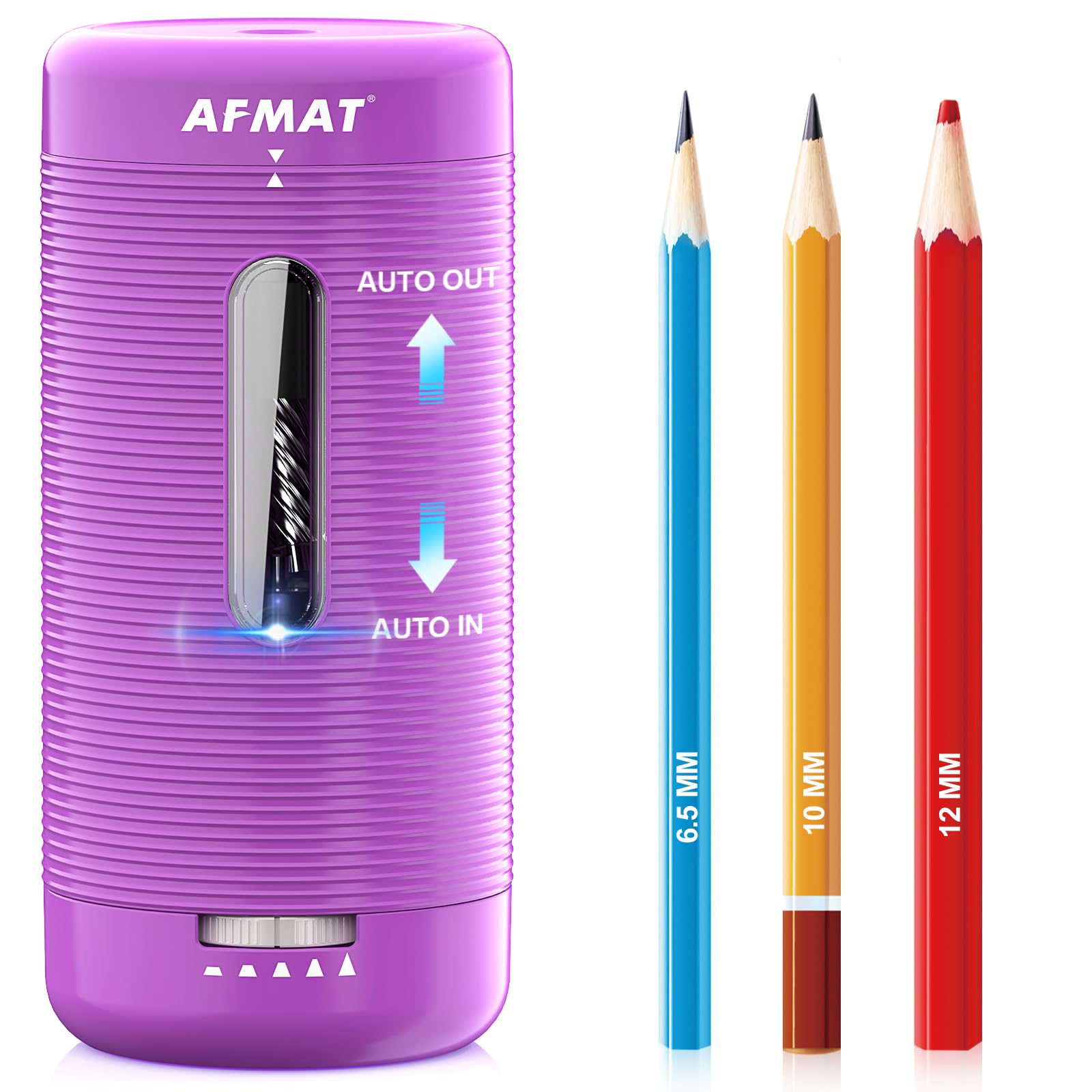 AFMAT Rechargeable Electric Sharpener with Container, Portable Sharpener with Adjustable Tips, Artist Pencils 6.5-12 mm, Battery and USB Pencil Sharpener for Children/Teachers/Artists, Purple