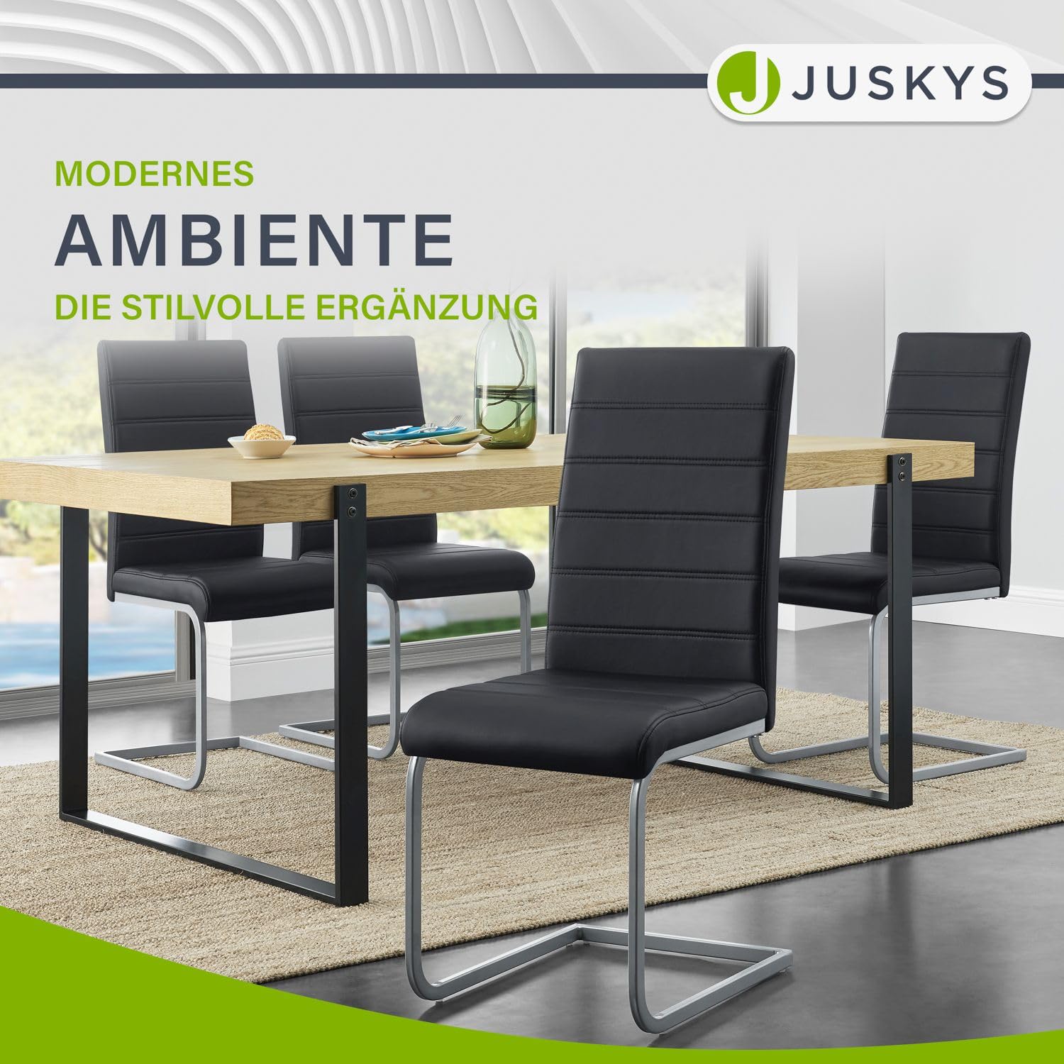 Juskys Cantilever Chair Vegas Set of 4 - 4 Dining Chairs with Backrest, Metal and Faux Leather Kitchen Chairs - Modern Chairs for Dining Room, Living Room and Kitchen - Black
