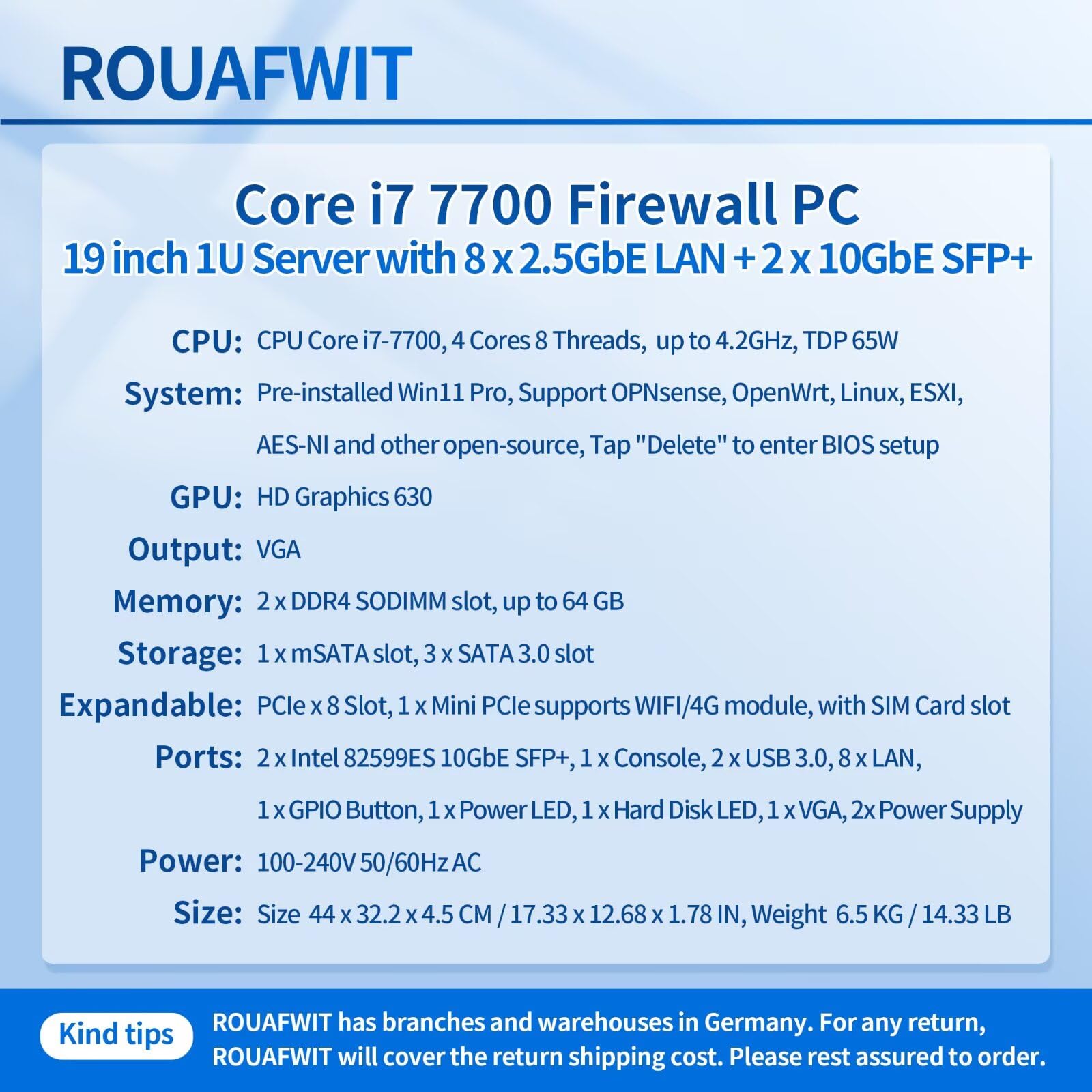 1U Firewall Appliance 10GBe, Core i5 7500, 2 x SFP+ 82599es 10Gbe, 8 x i226V 2.5GbE LAN, OPNsense, Network Rackmount 19 inch, DDR4 8G RAM 256G SSD