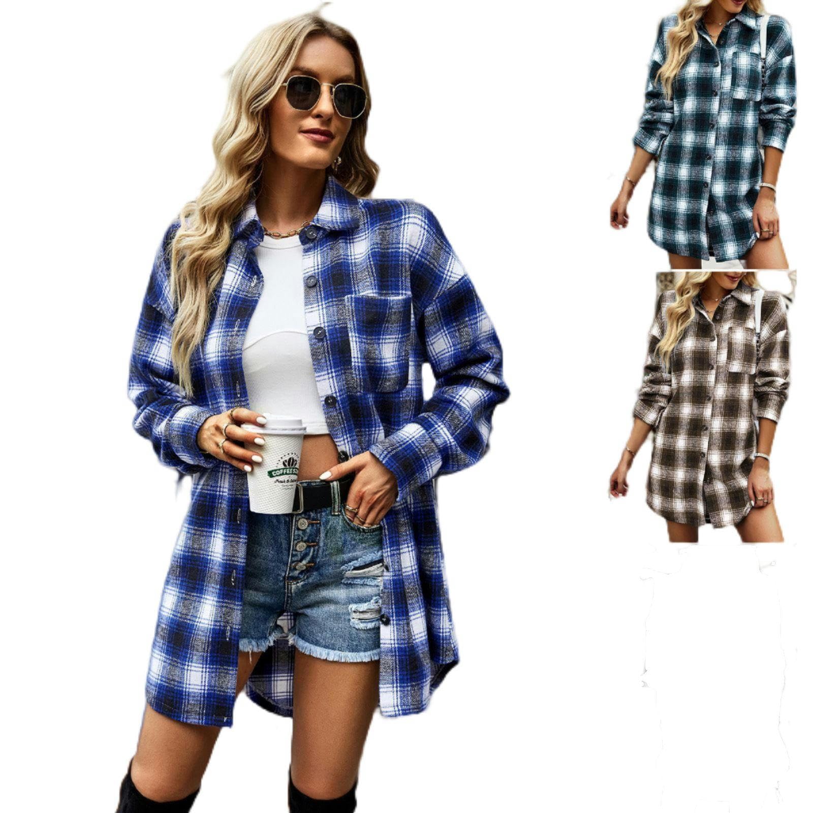Camisa a Cuadros Larga, versátil, Informal, para Mujer, Color Negro, Talla S