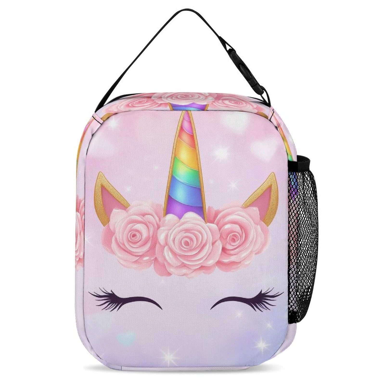 Ensemble sac à dos avec boîte à lunch et trousse de maquillage, idéal pour les voyages (motif licorne rose) (1