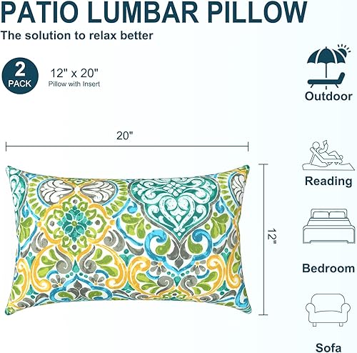 Miniatura 3 de Paquete de 2 almohadas lumbares impermeables para exteriores con rellenos, almohada decorativa rectangular para patio para el hogar, sofá, banco y