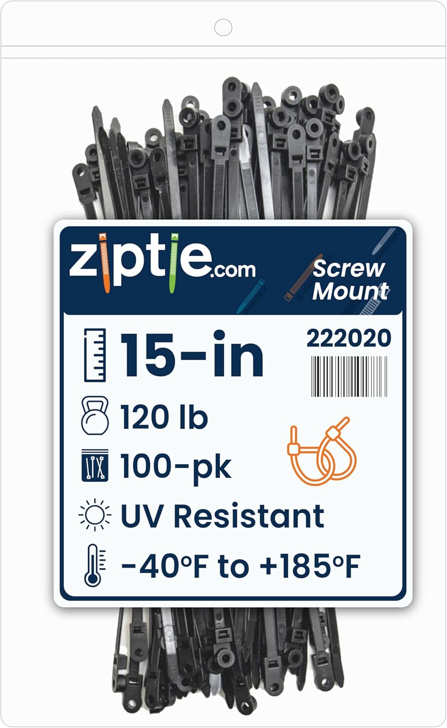 ZipTie.com 15-Inch Black Zip Ties With Screw Hole - 120-lb Tensile Strength Cord Management & Secure Mounting - UL 21 Listed Tie Wraps - Indoor & Outdoor Multi-Purpose (100-Pack)