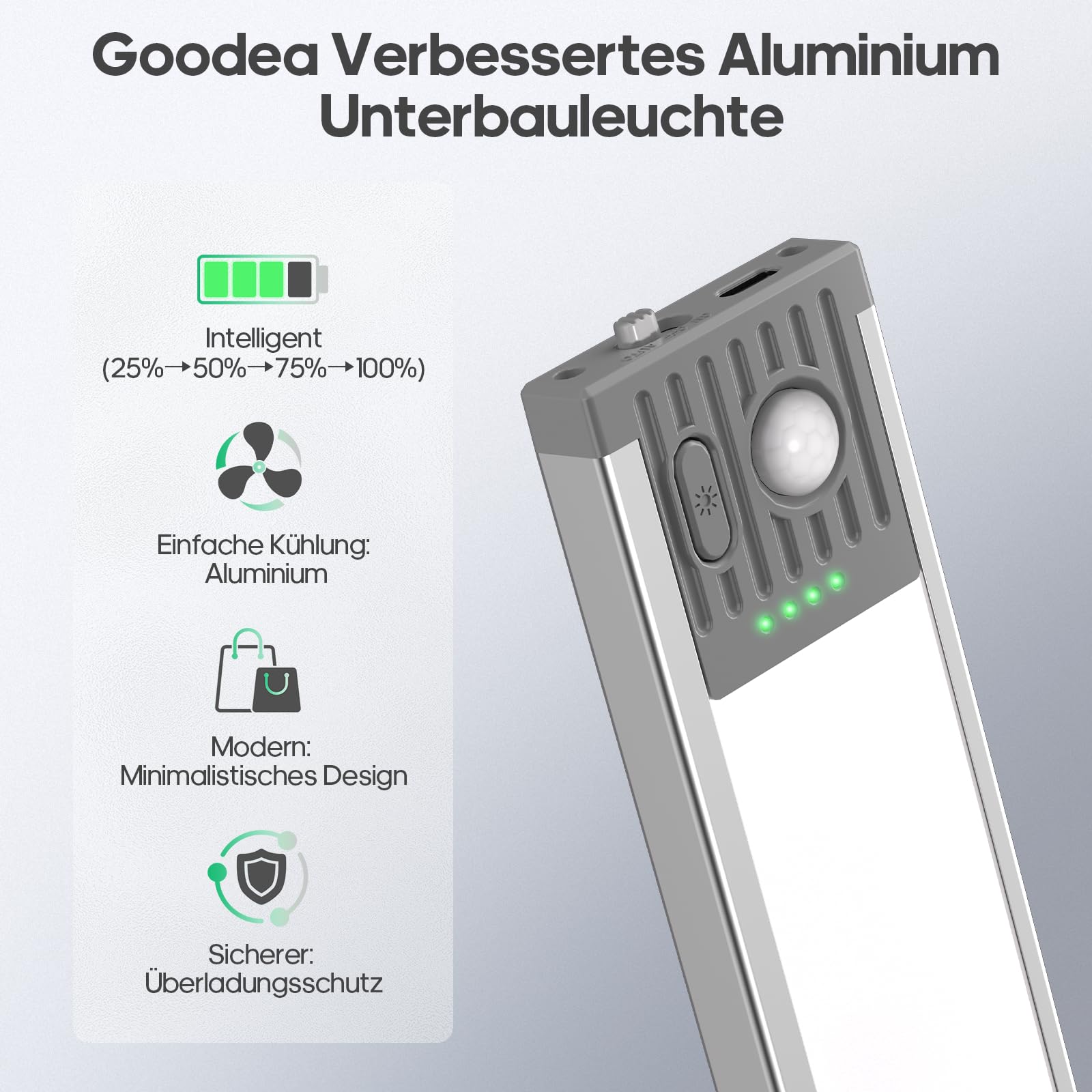 GOODEA 44.5CM Unterbauleuchte Küche LED Schrankbeleuchtung - 4500mAh Akku Bewegungsmelder Licht - 3 Farbten Dimmbar Unterschrank Beleuchtung Magnetisch LED Leiste für Küchen Schrank Büro RV [2er Set]