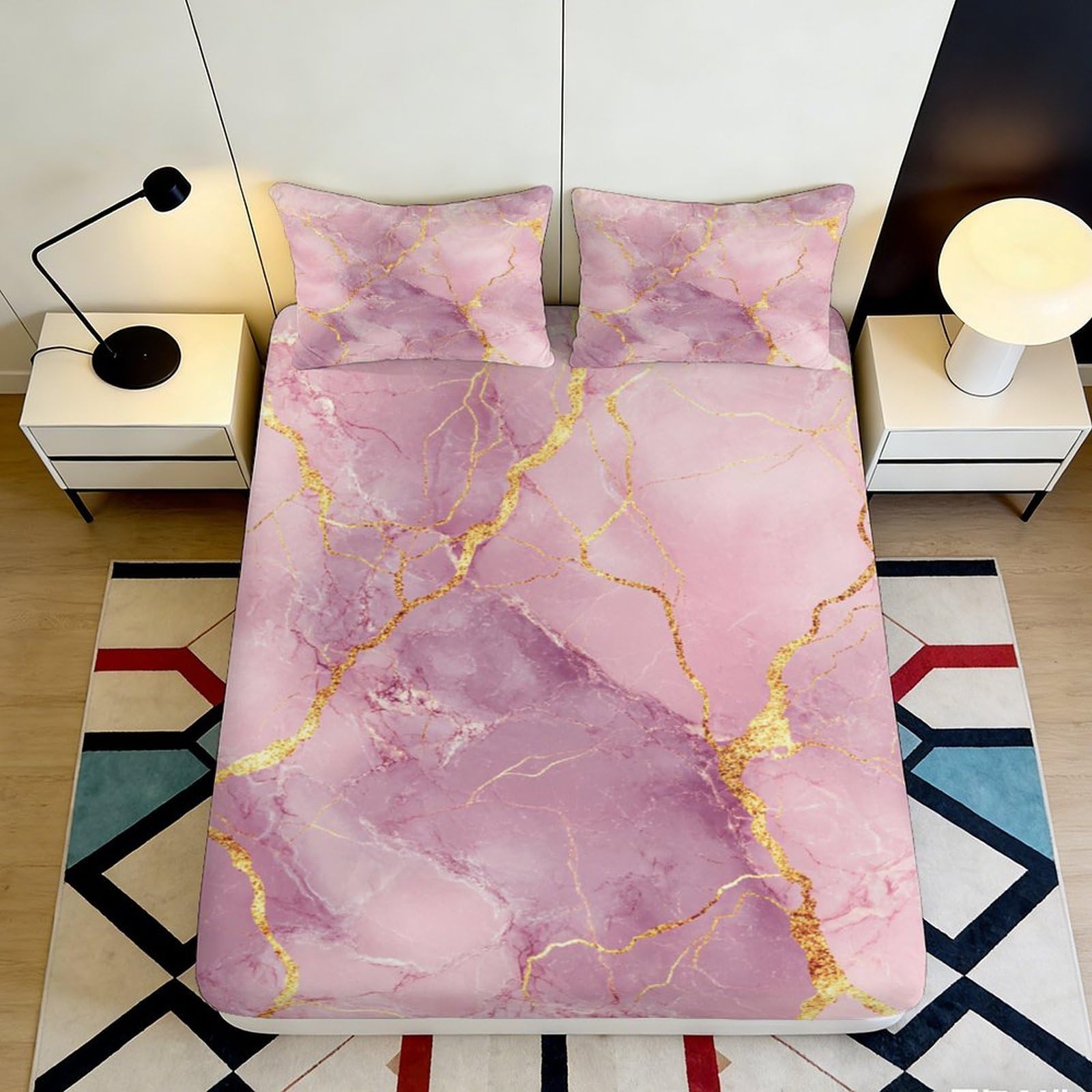 Jqzkxnhpbr Style-5 3D Printed Pink Marble Fitted Sheet Microfiber Soft Bedroom Decor Gold Vein Bed Cover For Home Guest Room 90X200x25cm