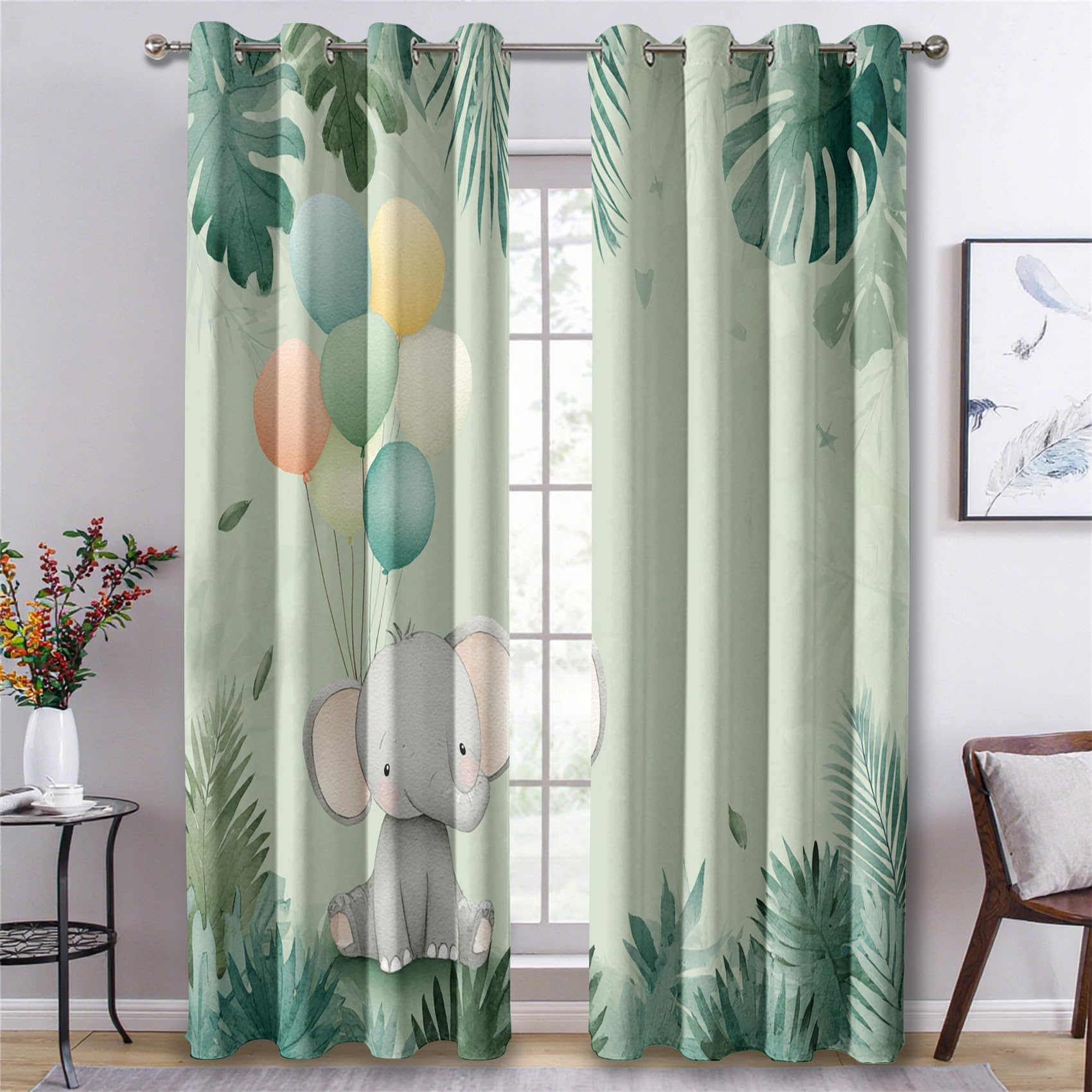 Cartoon Elephant Curtains for Bedroom, Monstera Boys Girls Balloon Blackout Curtains for Living Room, 72 Drop Eyelet Window Treatments Home Decor 46 X 72 Inch (W X L), 2 Panels X&-59