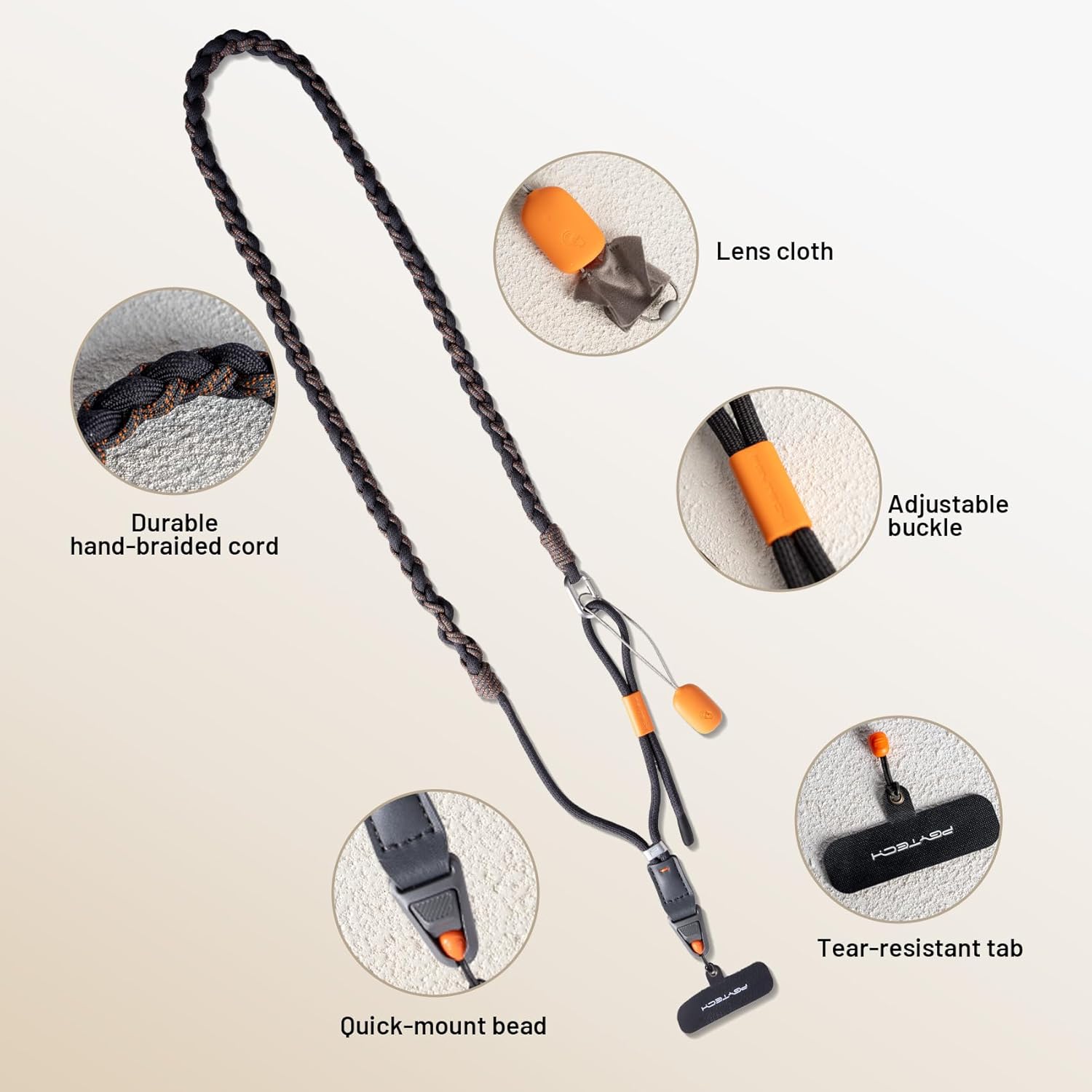 Diagram showing the components of the PGYTECH LinkGo Phone Strap Crossbody, including the braided cord, adjustable buckle, quick-mount bead, tear-resistant tab, and lens cloth.