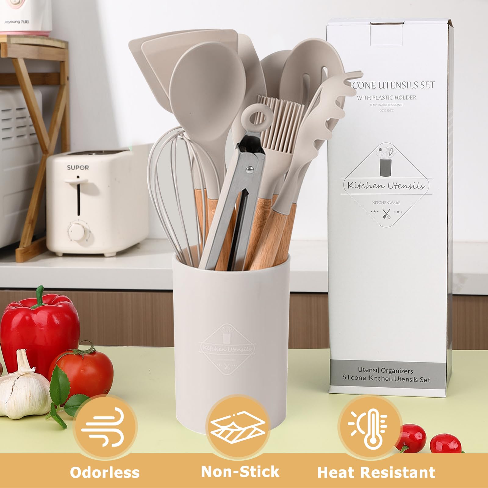 Utensili Cucina Silicone Set - 22 Pezzi Set Mestoli Cucina Manico in Legno - Strumenti da Cucina Resistenti al Calore - Con 10 S Ganci (Kaki)