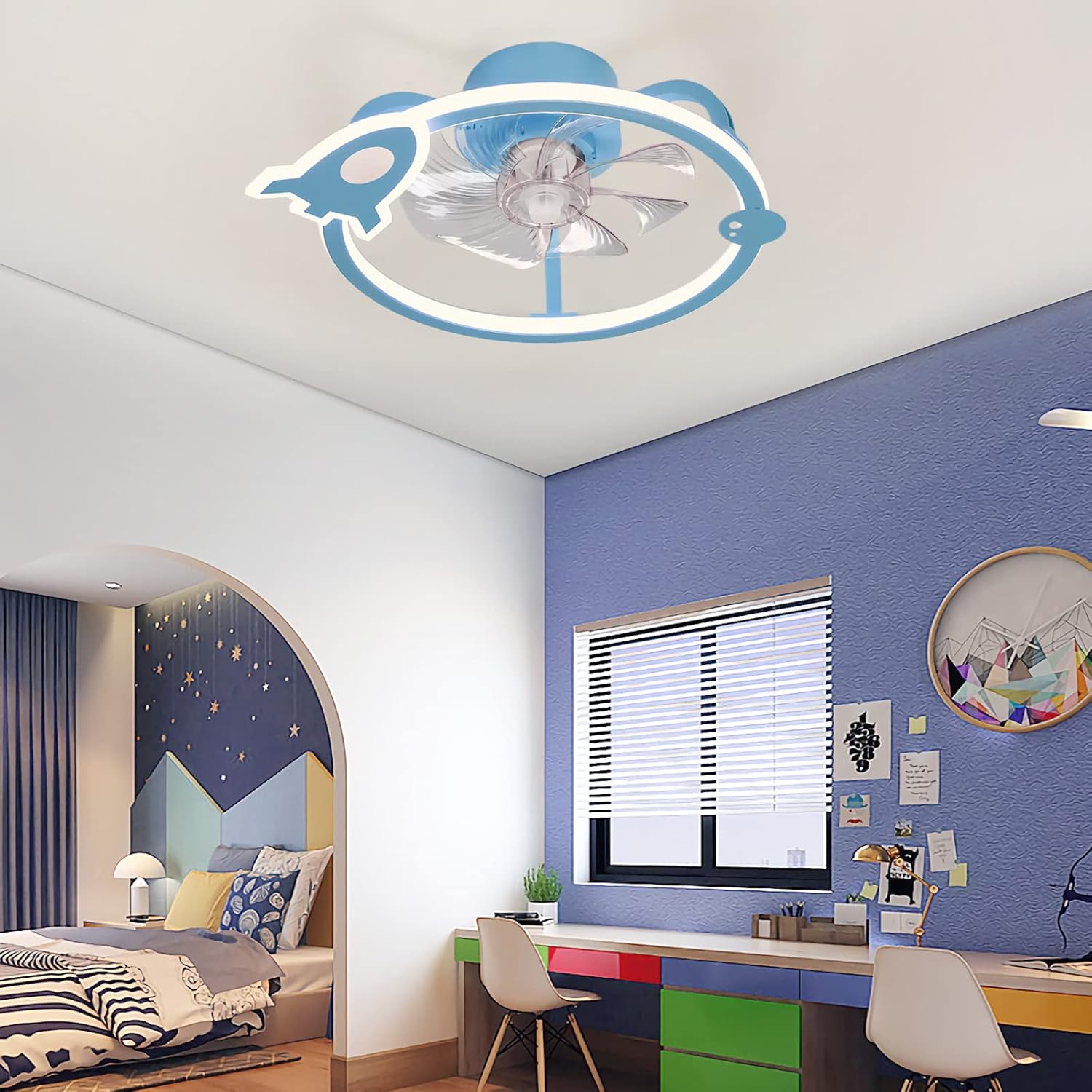 YUEGOO Ceiling Fans with Lamps,Ceiling Fan Light with Remote Control Silent 3 Colors Dimmable Ceiling Fan with Led Lamp Dc Reversible 6 Speed Winter Summer Mode Designer Chandelier/Blue/F