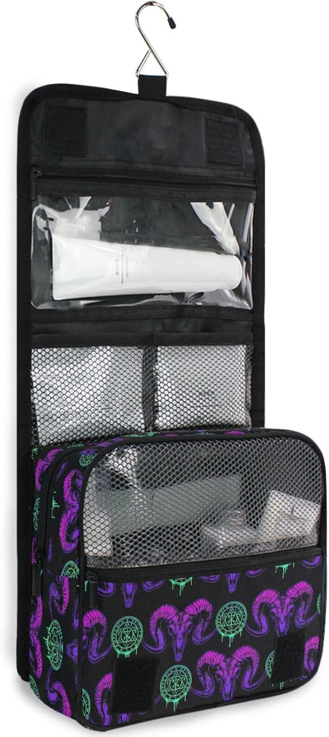 MNSRUU Hanging Toiletry Bag Mystical Ram Skull Makeup Bag Travel bag for Toiletries Portable Toiletry Organizer Bags Toiletry Bag for Women Men, Travel-Essentials Toiletry Bag