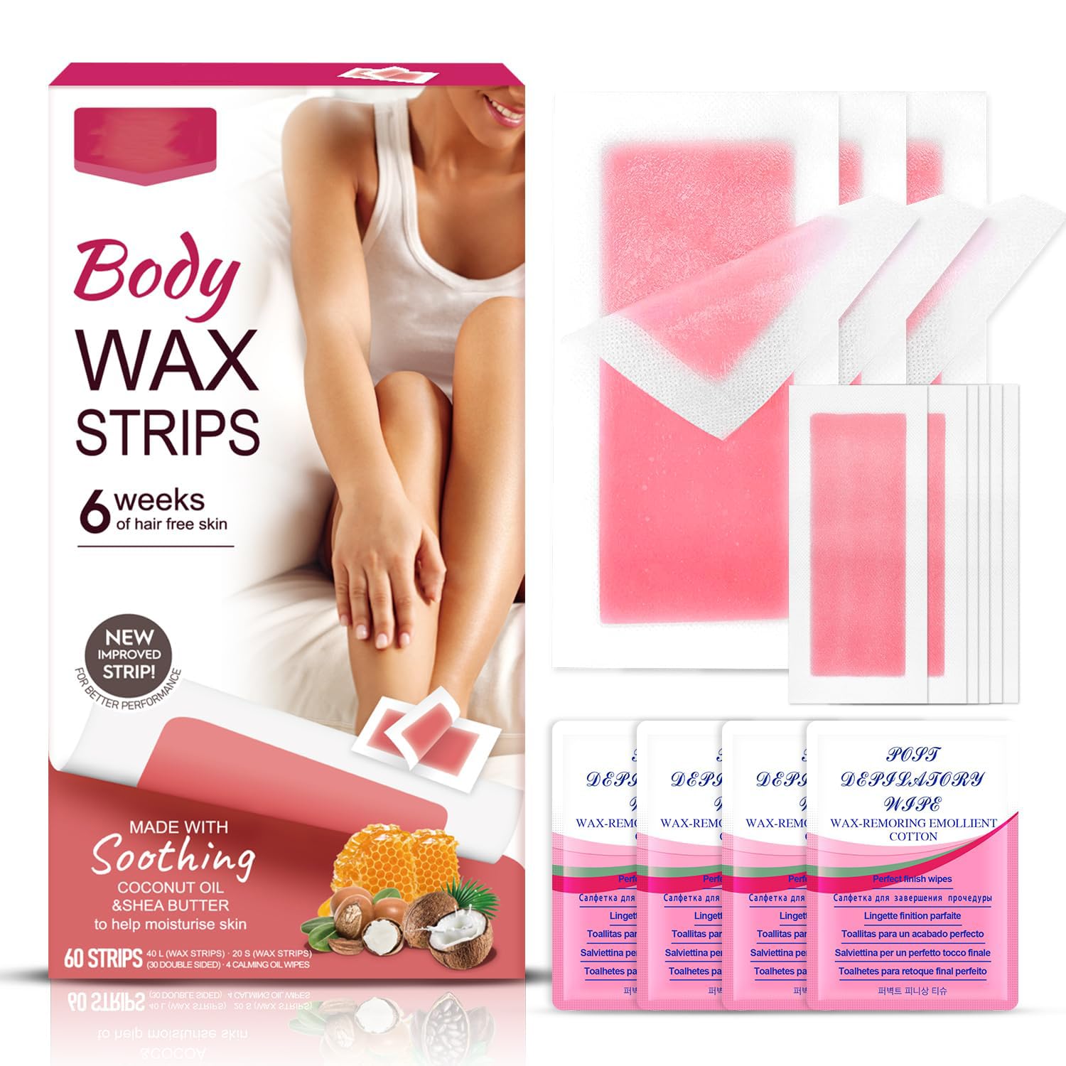 Body Wax Strips for Hair Removal, Bikini and Facial Wax Strips, 40+20 Count for Eyebrows, Underarms, and Brazilian Waxing