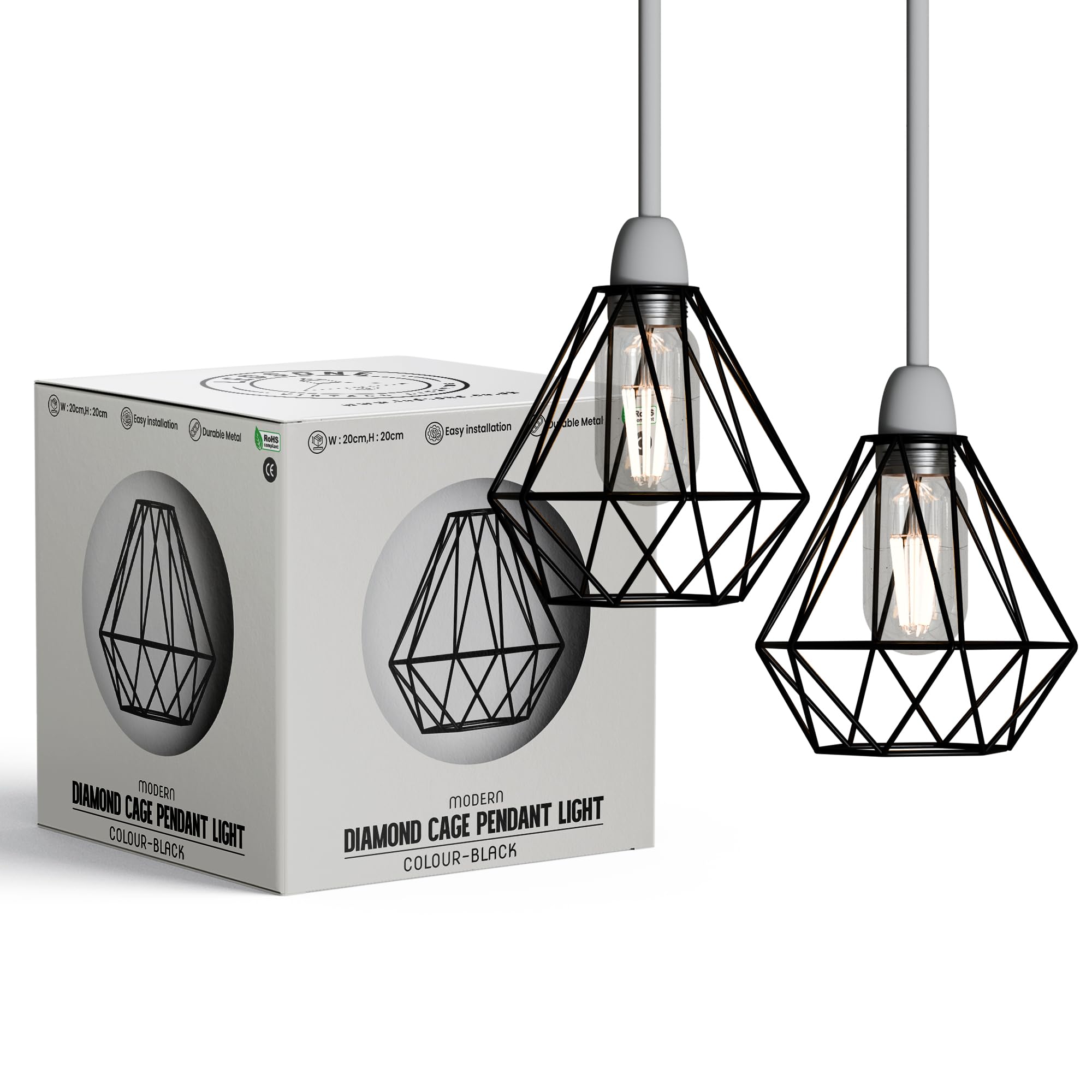 Ledsone Black Diamond Cage - 2 Pack 2-Pack Modern Geometric Diamond Pendant Lampshades - Metal Wire Cage, Black, 14.5 X 20 Cm, Ideal For Living Room, Kitchen, Restaurant, Office