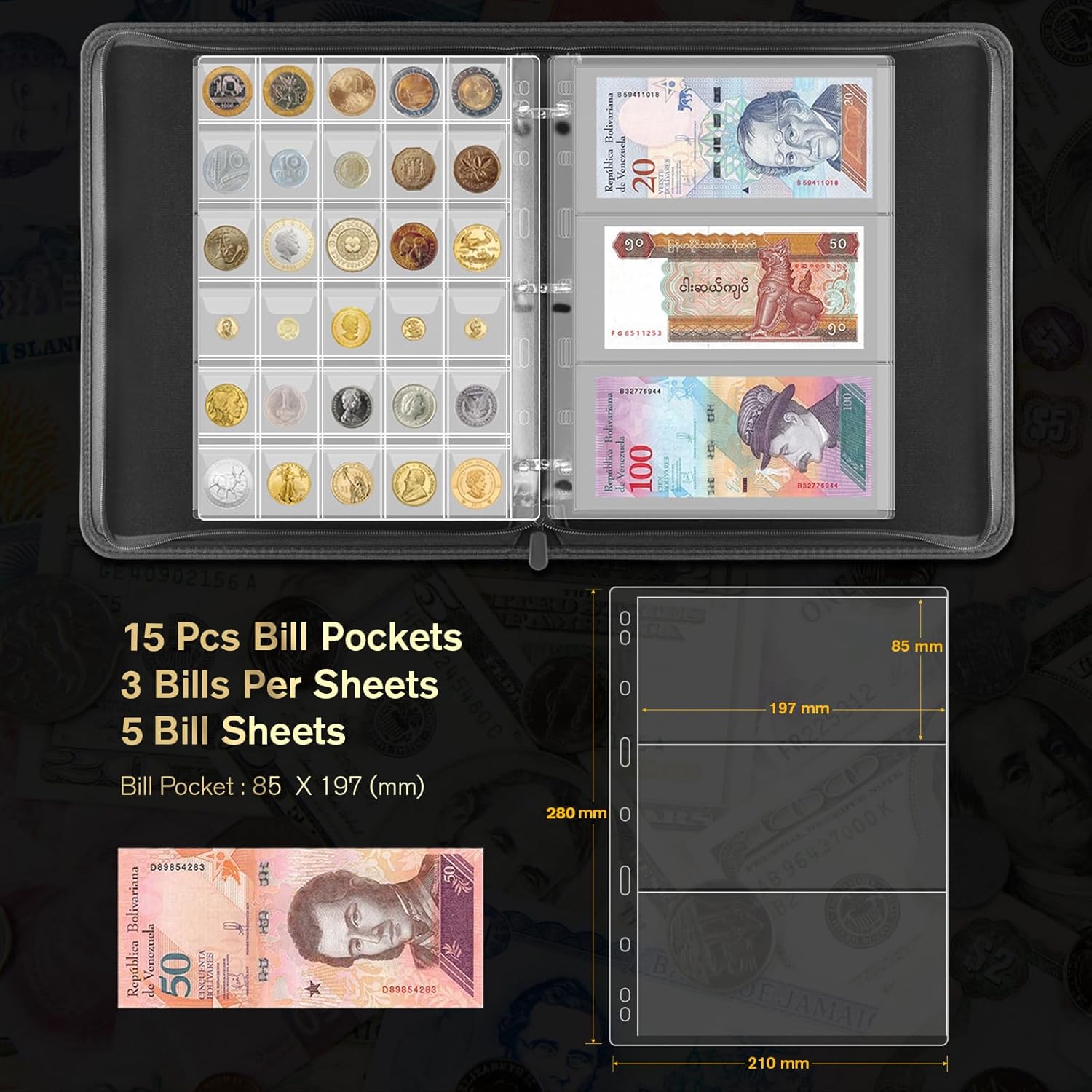JoyHood Coin Collection Book Holder for Collectors - 400 Coins Pockets+15 Bills Pockets, Coin Collection Organizer Storage Box Case Album for 20/25/ 27/30/ 38mm Coin