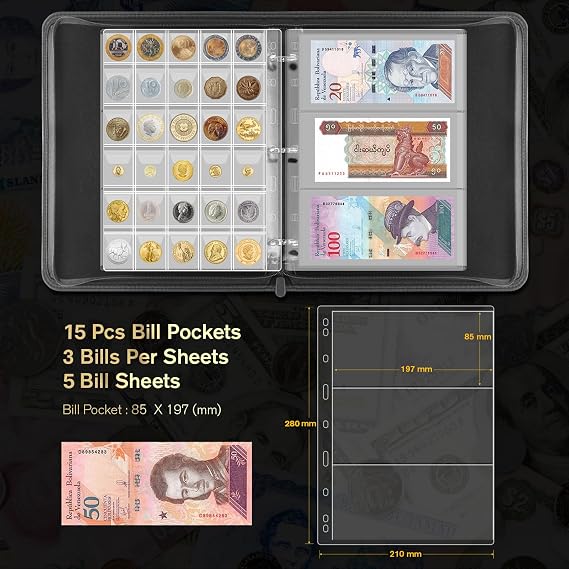 JoyHood Coin Collection Book Holder for Collectors, Money Storage Binder Hold 400 Coins Pockets + 15 Bills Pockets, Coin Organizer Book for Coin Currency Collection Supplies