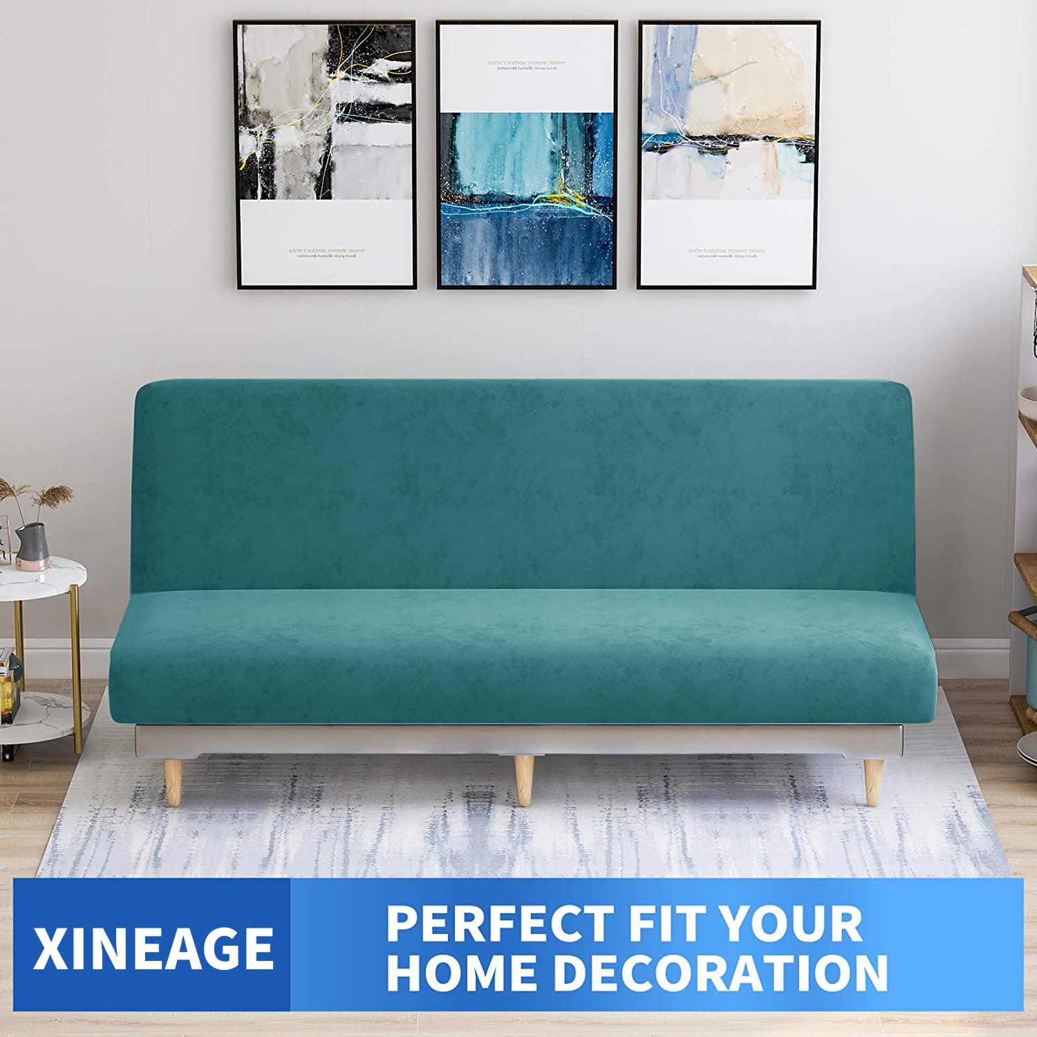 XINEAGE Funda de terciopelo para futón, de alta elasticidad, sin brazos, de tela de elastano, antideslizante, protector de muebles con parte inferior elástica, lavable a máquina (futón, azul pavo