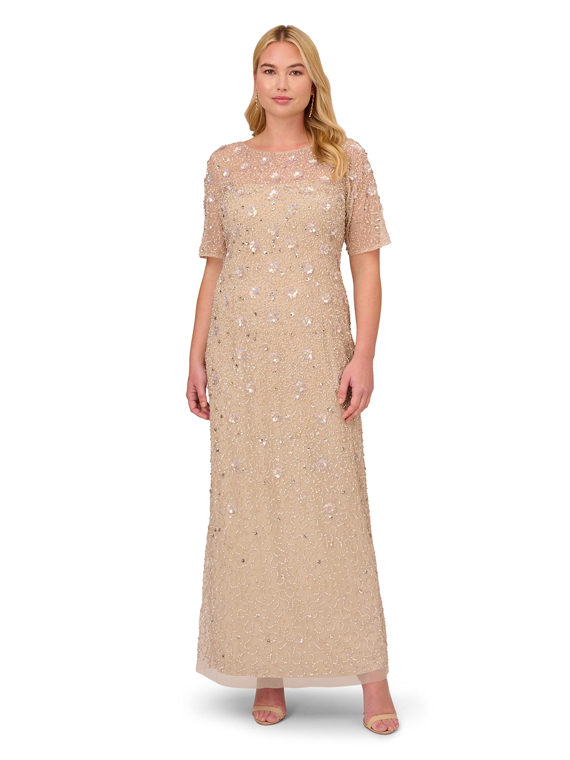 Adrianna Papell Womens Beaded Long 3D Floral Dress