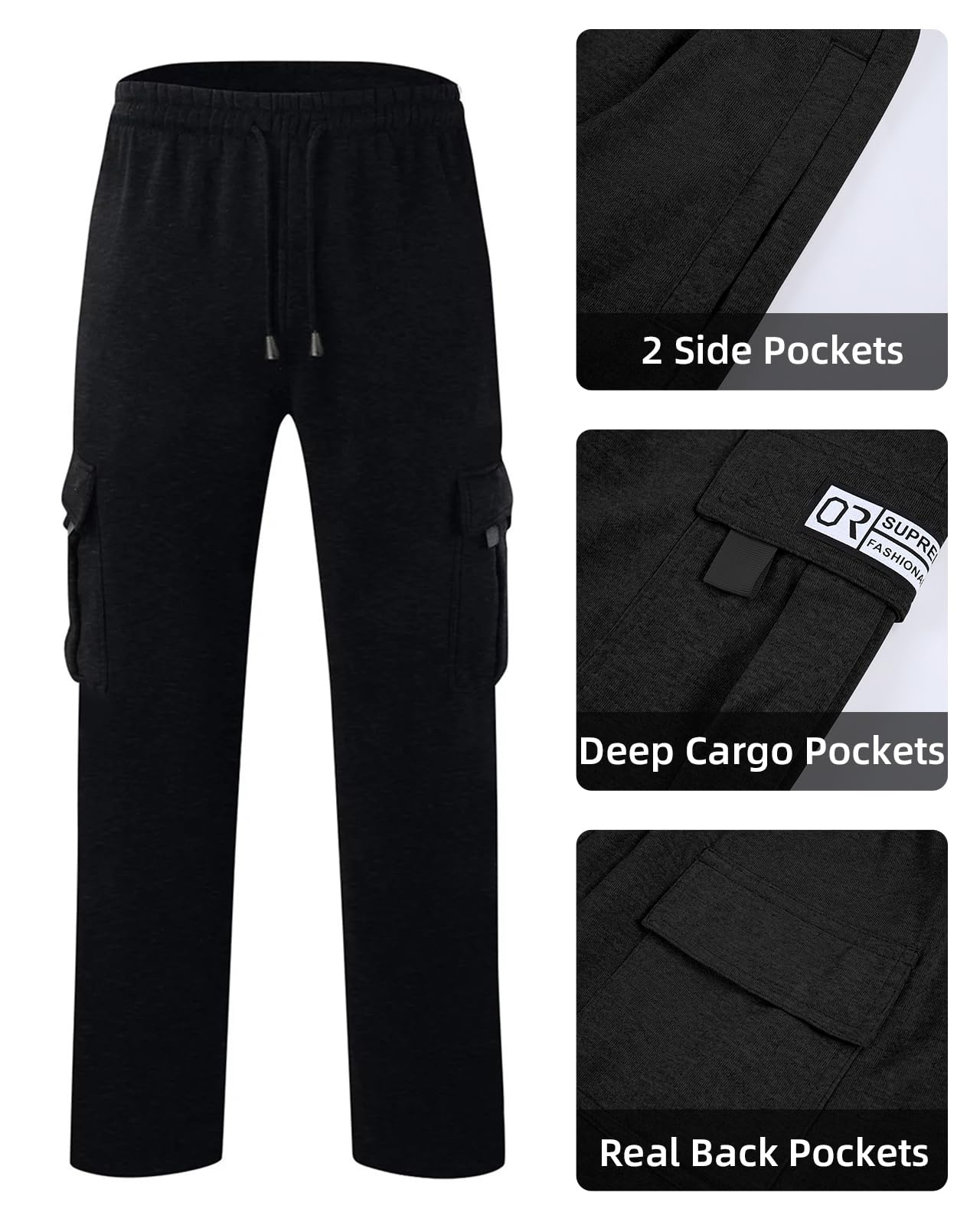 Men's Cargo Sweatpants Open Bottom Fleece Hiking Jogger Cargo Sweatpants for Men with Pockets