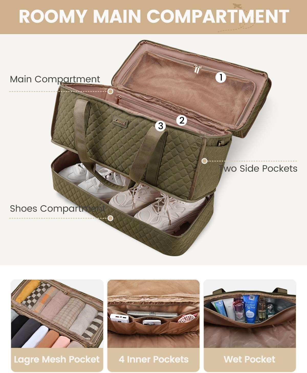 LOVEVOOK Large Travel Duffle Bag, Weekender Bags for Women With Shoe Compartment, Overnight Hospital Bag For Women Labor Delivery, Carry on Bag Personal Item Travel Bag, Yoga Gym Duffel Bag - Image 3