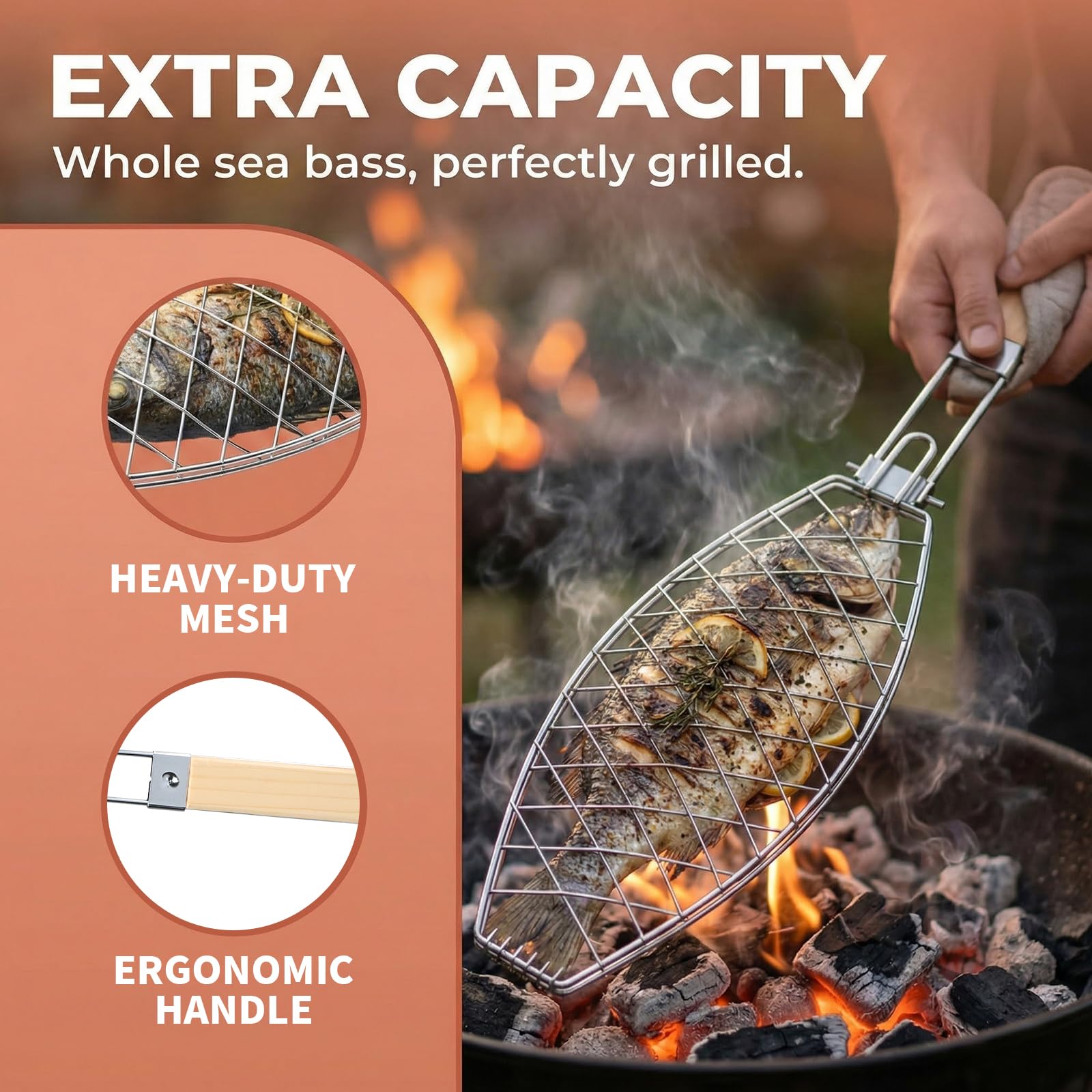 Griglia Barbecue, 35,5x12 cm, Cestello Pesce in Acciaio Inox con Pennello Olio e Spazzola Pulizia, Manico Rimovibile e Pieghevole, Rete Antiaderente, Graticola per Verdure Gamberetti Bistecche Feste