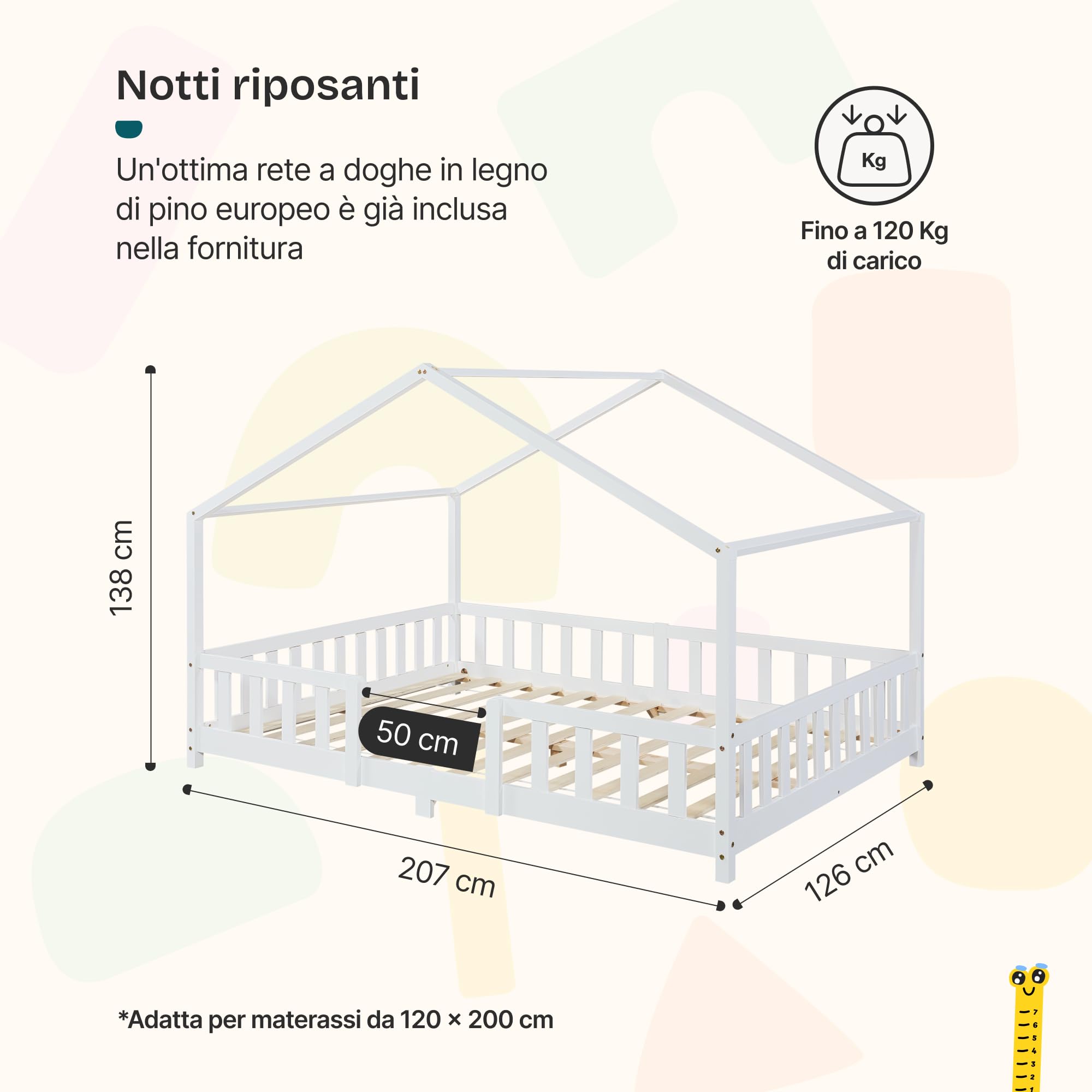 [en.casa] Letto per Cameretta a Forma di Casetta con Barriera di Protezione Letto Piazza e Mezza per Bambini Struttura in Legno di Pino 120 x 200 cm Bianco