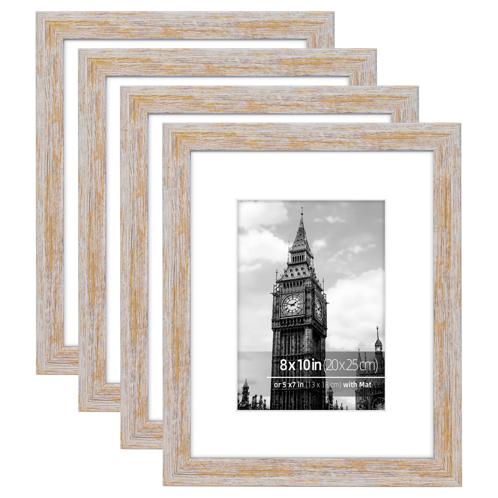 Eitida 8x10 in Natural Farmhouse Washed WhitePicture Frame Set, Tabletop or Wall Mount Display, Matted for 5x7 inches Photos, Glass Front, 4 Pack