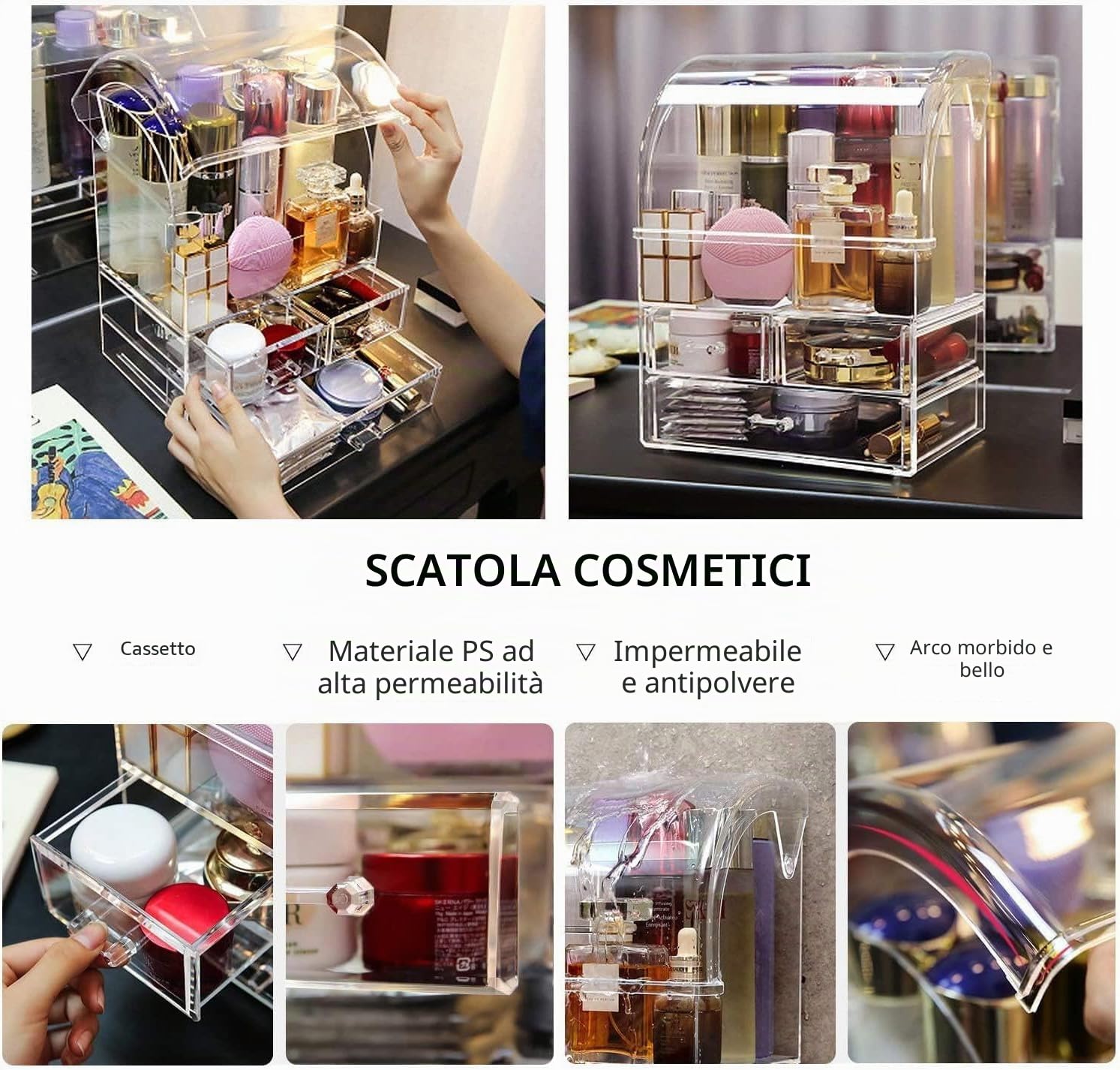 Organizer per trucchi, in acrilico, XL, per profumi, prodotti per la cura della pelle, con cassetti, impermeabile, grande scatola organizer antipolvere per bancone, cassettiera e bagno