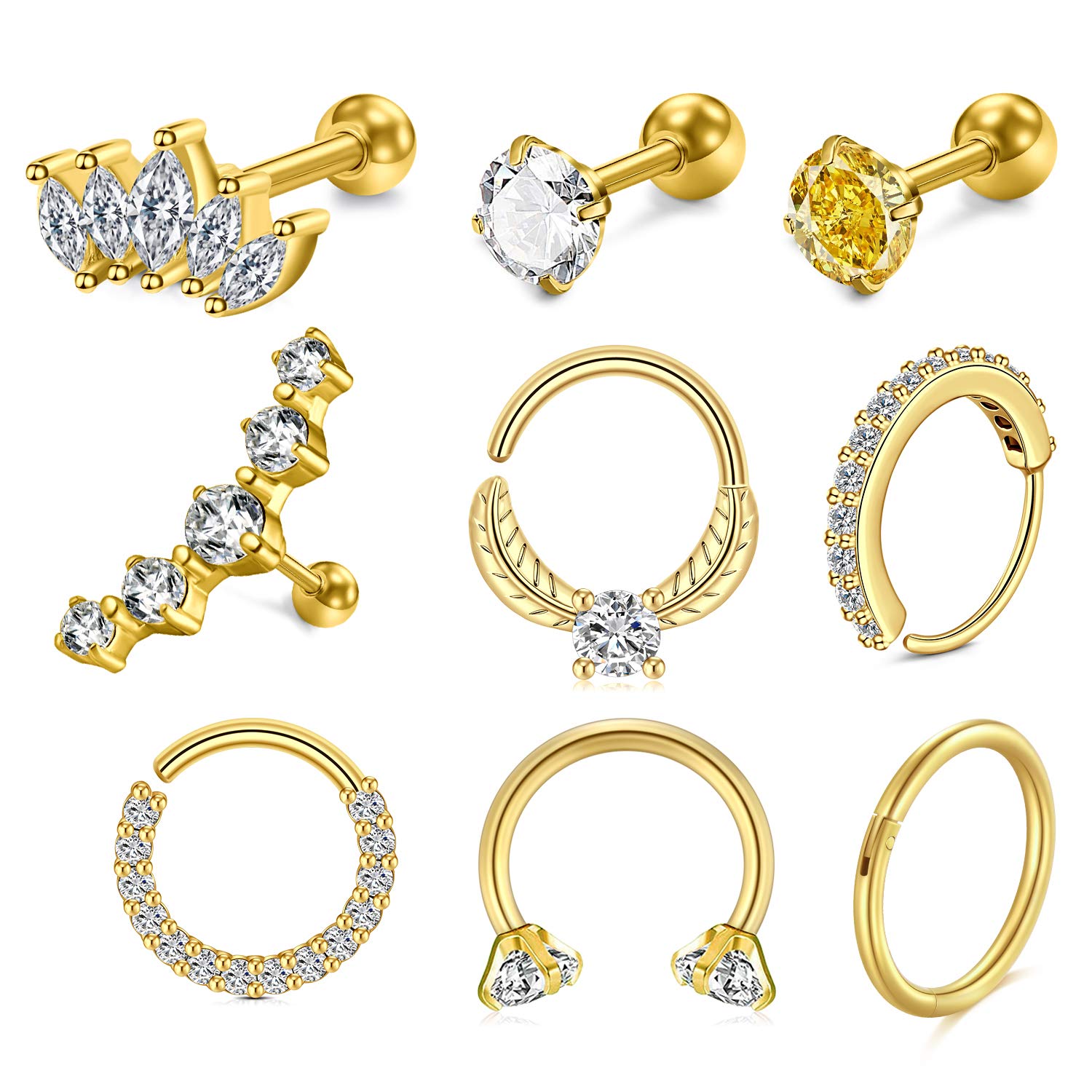 AVYRING20G 16G Piercing Oreja Cartilago Acero inoxidable Aros Piercing Nariz Septum Labio Anillo Tragus Stud Piercing Oreja Helix Daith Joyería 9 Piezas