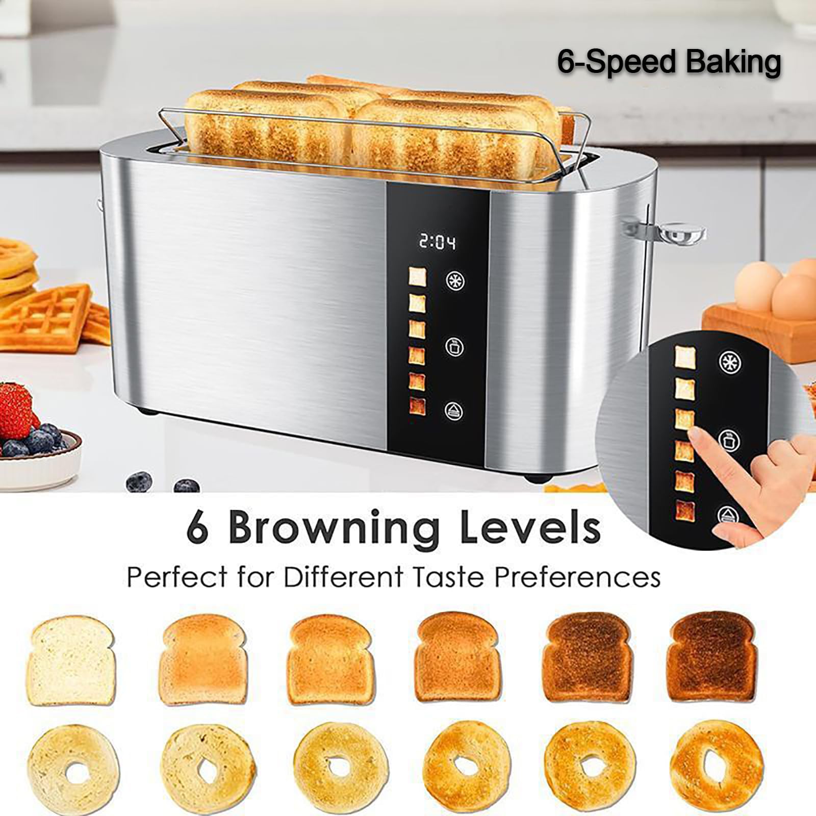 Forno tostapane in acciaio inox da 800 W con touch screen e display digitale, 2/4 fessure per fette, 6 livelli di doratura e griglia integrata per asciugatura di waffle, pasticcini ( long slot)