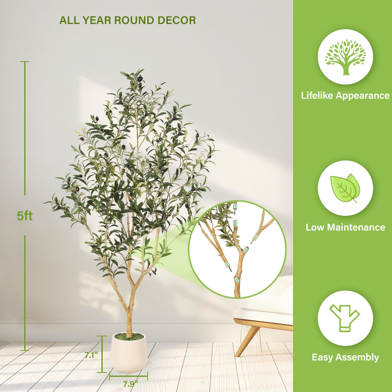 FEELEAD Oliviers Artificiels 210cm+150cm Arbres Faux en Pot Déco Intérieur