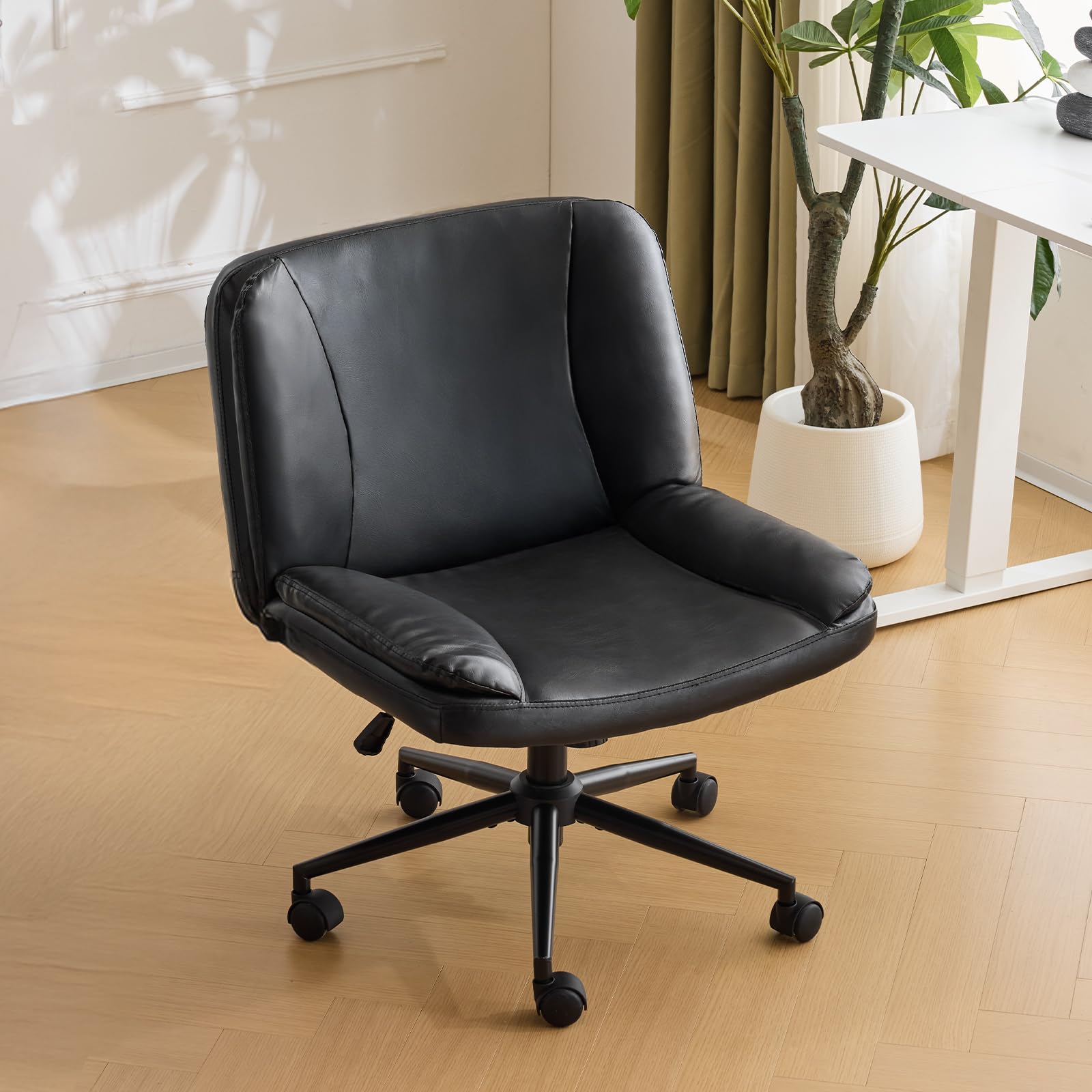 Bonnlo Criss Cross Legged Thick Padded Armless Comfy Office Desk Chair with Dual-Purpose Base,Adjustable Swivel Modern Vanity Chair,Rolling for Home Office, Computer,Task,Makeup,Waxed PU, Black