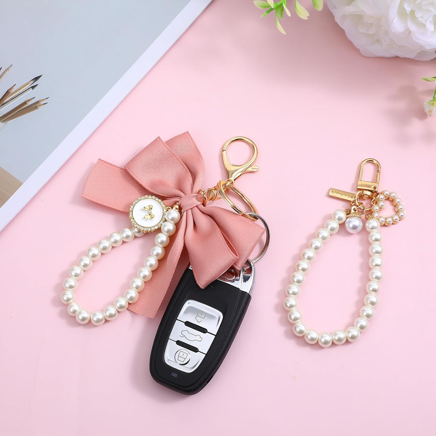 2Pcs Pink Bow Key Chain, Pearl Keychain Wristlet, Bow Charm for Purse, Cute Bag Charms Bows, Love Charm, Suitable for Handbags, Wallets, Pink - Image 5