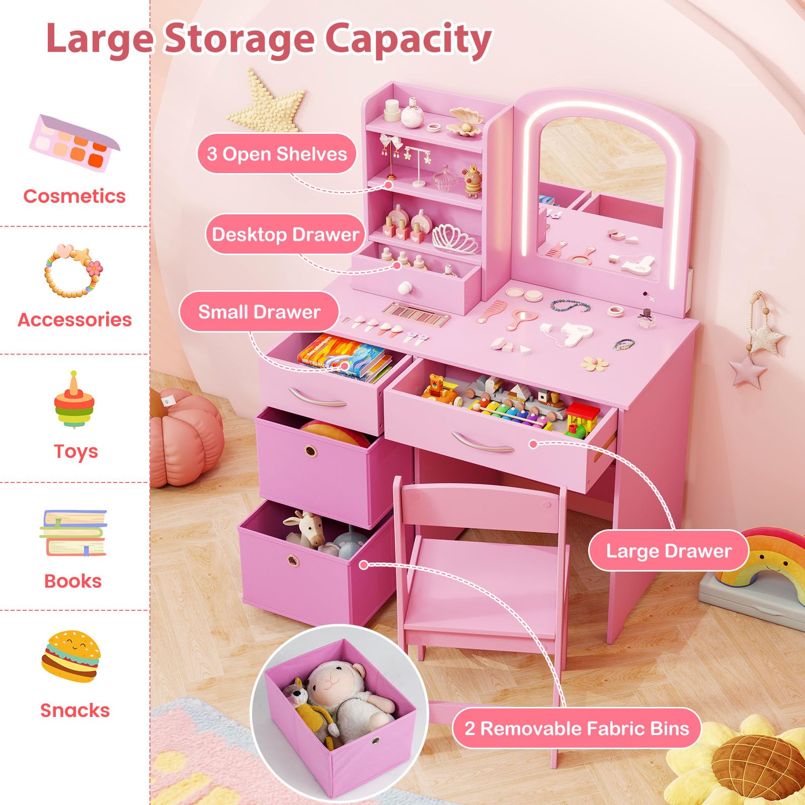 LIFEZEAL Specchiera Trucco Bambina, Specchio con Luci a 2 Colori, Toeletta Trucco Bambina, con Sedia, Postazione, con Cassetti e Scaffali, Tavolo per Bimbi 3 Anni + (rosa)