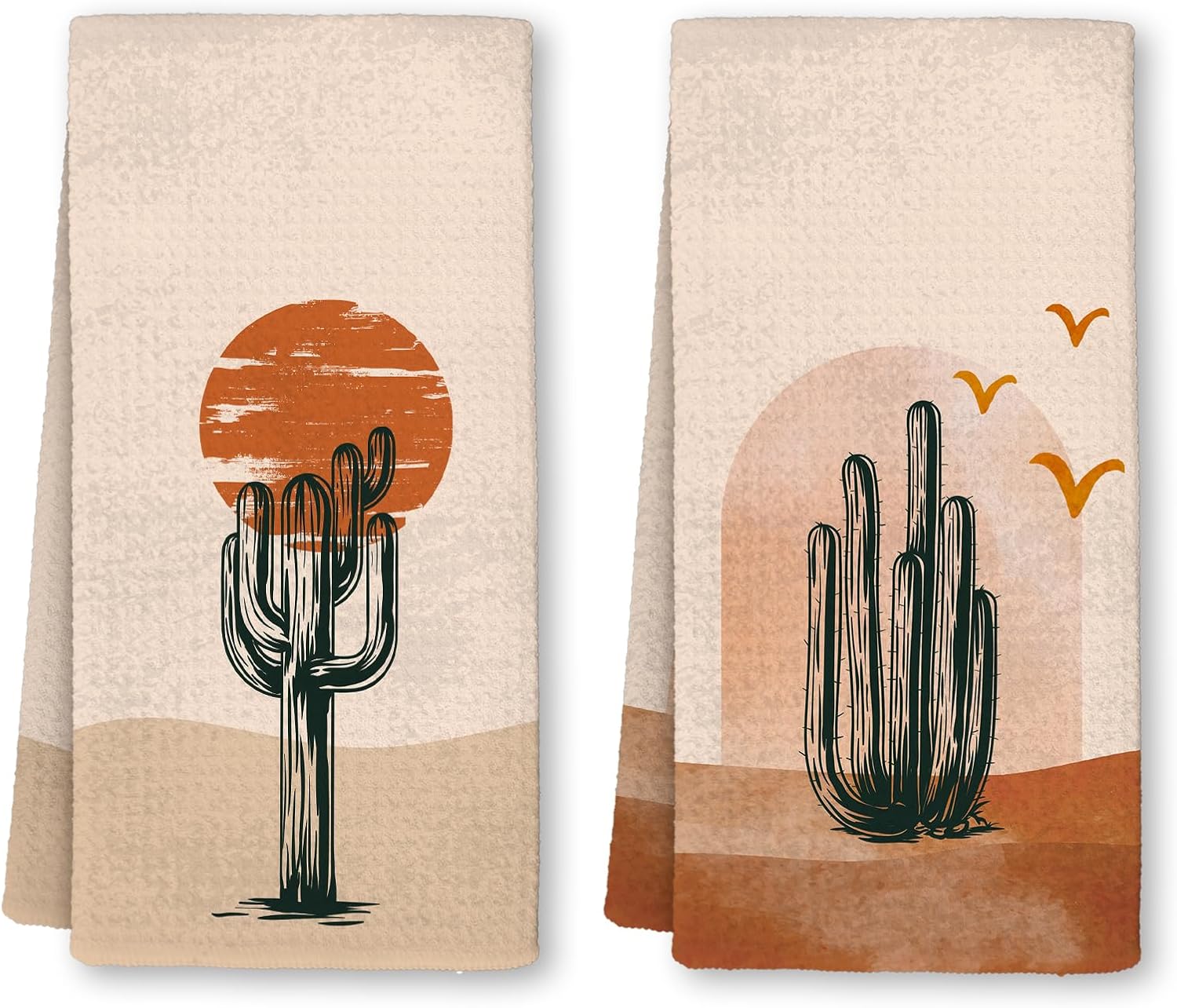 Vintage Boho Cactus Kitchen Towels, Mid Century Modern Western Hand Dish Towels Decor, Western Desert Sunset Tea Towel for Kitchen Bathroom Decorative, Boho Bathroom Decor, 16x24 Inch Set of 2